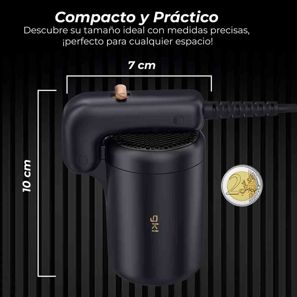 Un secador de pelo negro con dimensiones junto a una moneda de 2 euros.