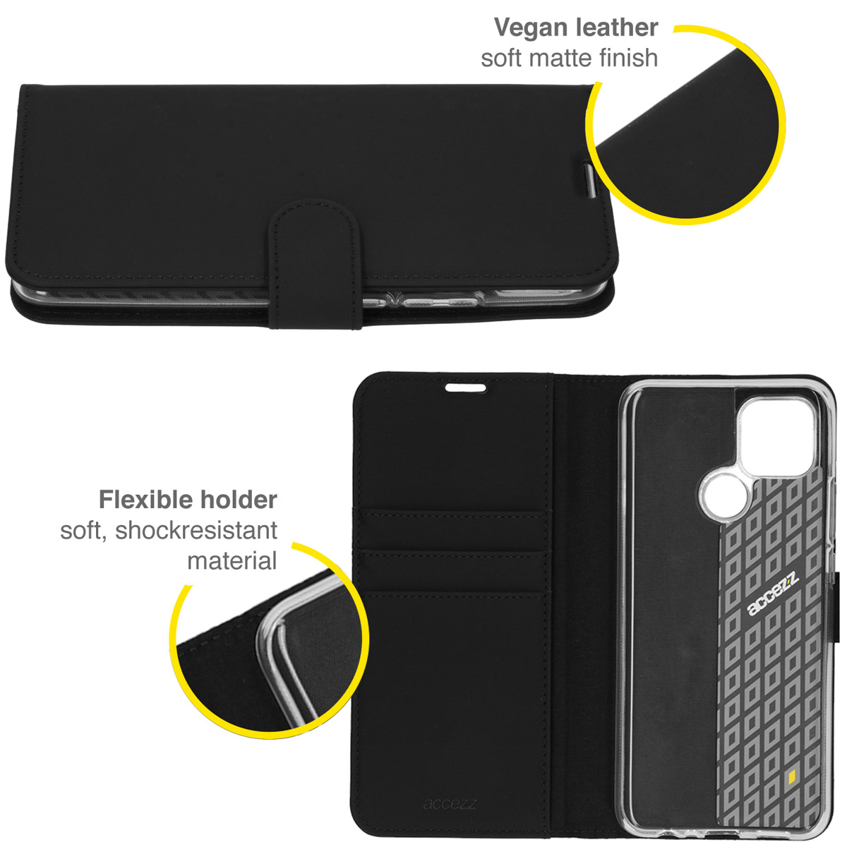 Custodia nera per telefono con design a portafoglio, che mostra un telefono all'interno.