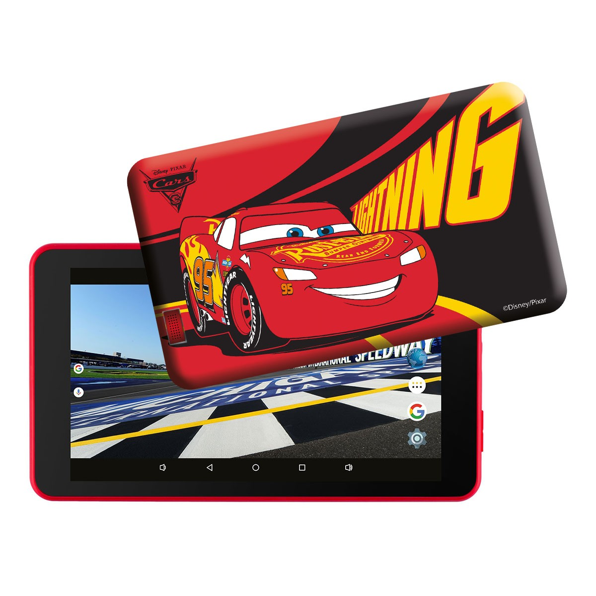 Tablet z czerwoną ramką i okładką Lightning McQueen.