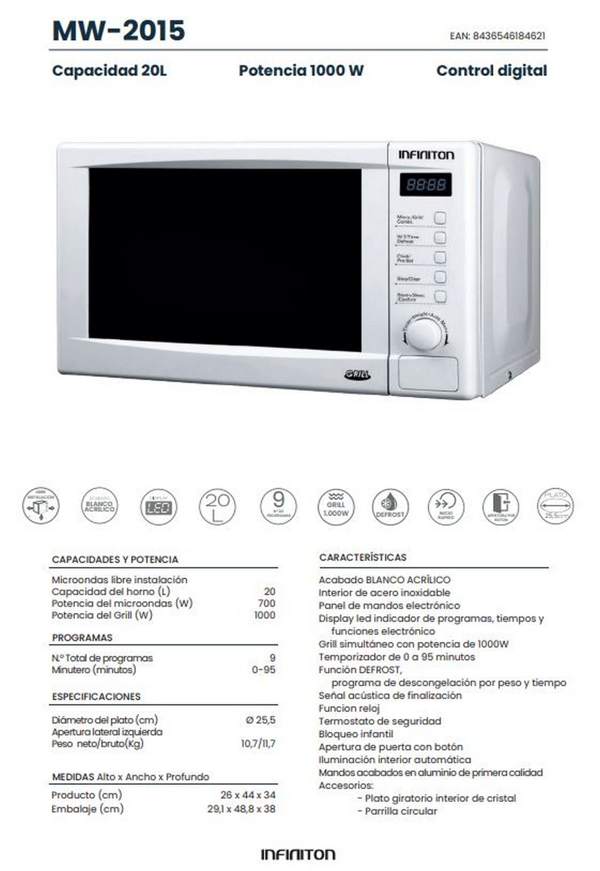 Un microondas blanco con pantalla digital y una etiqueta que muestra especificaciones y características.