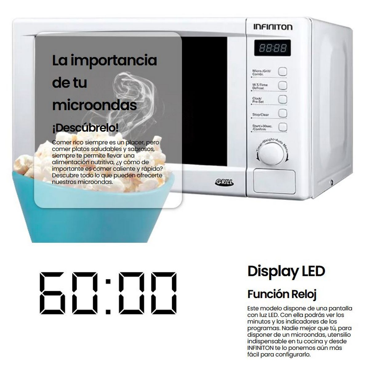 Horno microondas blanco con pantalla digital que muestra la hora y un cuenco de palomitas.