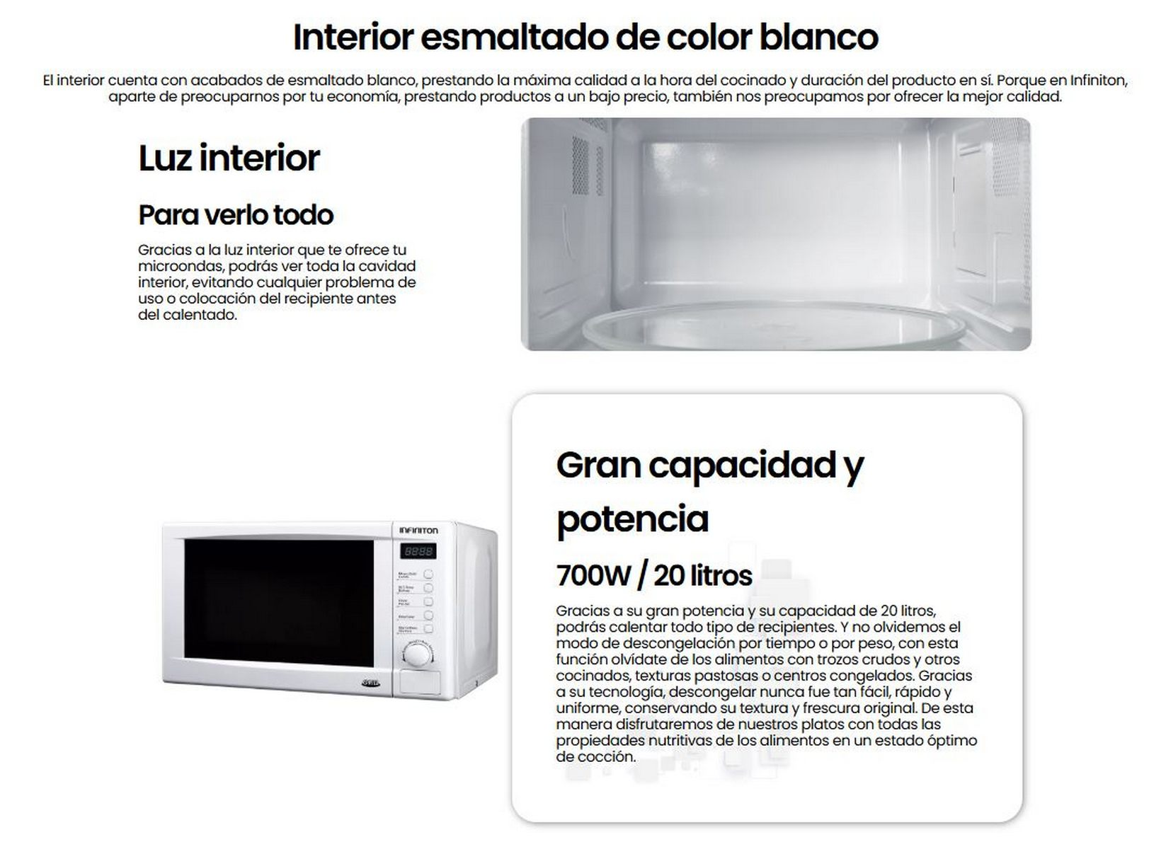 Un horno de microondas blanco con la puerta abierta, mostrando el interior. El texto muestra 700W de potencia y 20 litros de capacidad.