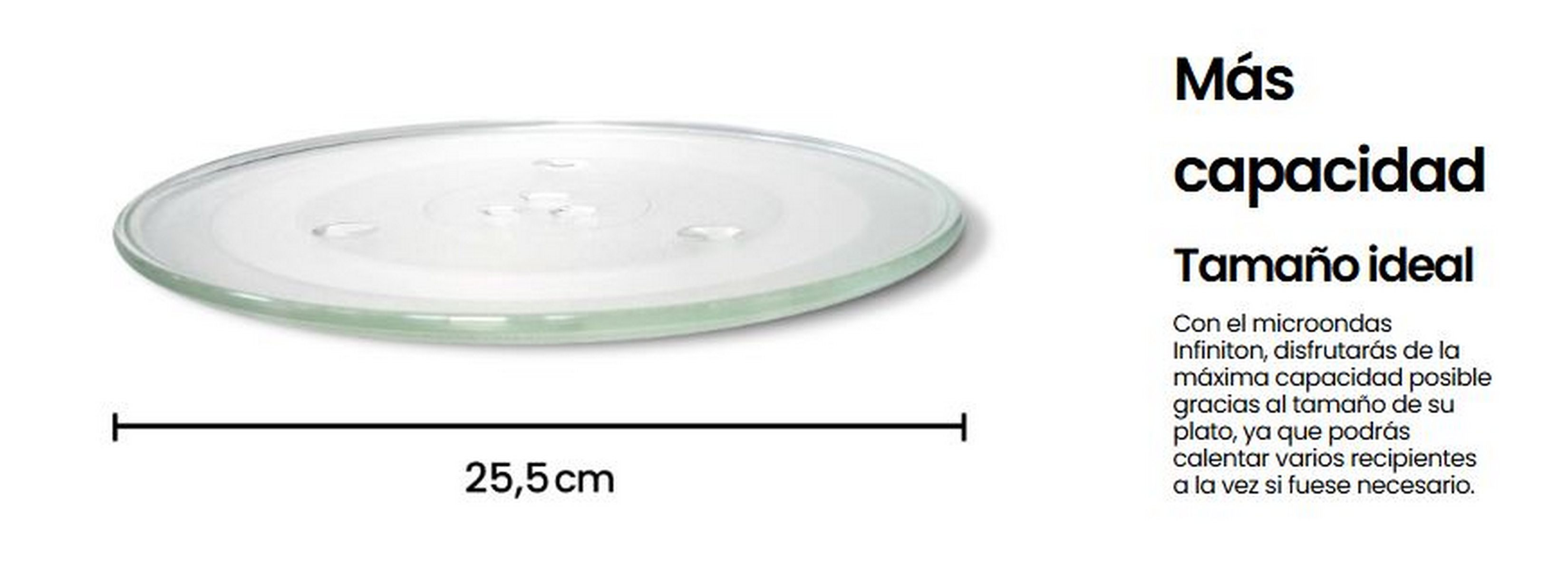 Un plato de microondas de vidrio con dimensiones mostradas y texto de apoyo en español.