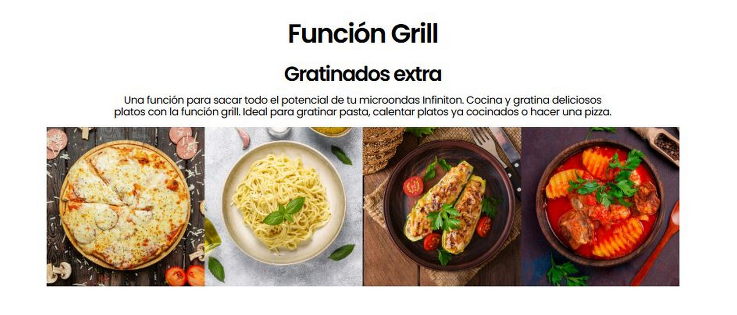 Imagen mostrando varios platos gratinados: pizza, pasta, calabacín y patatas con texto.