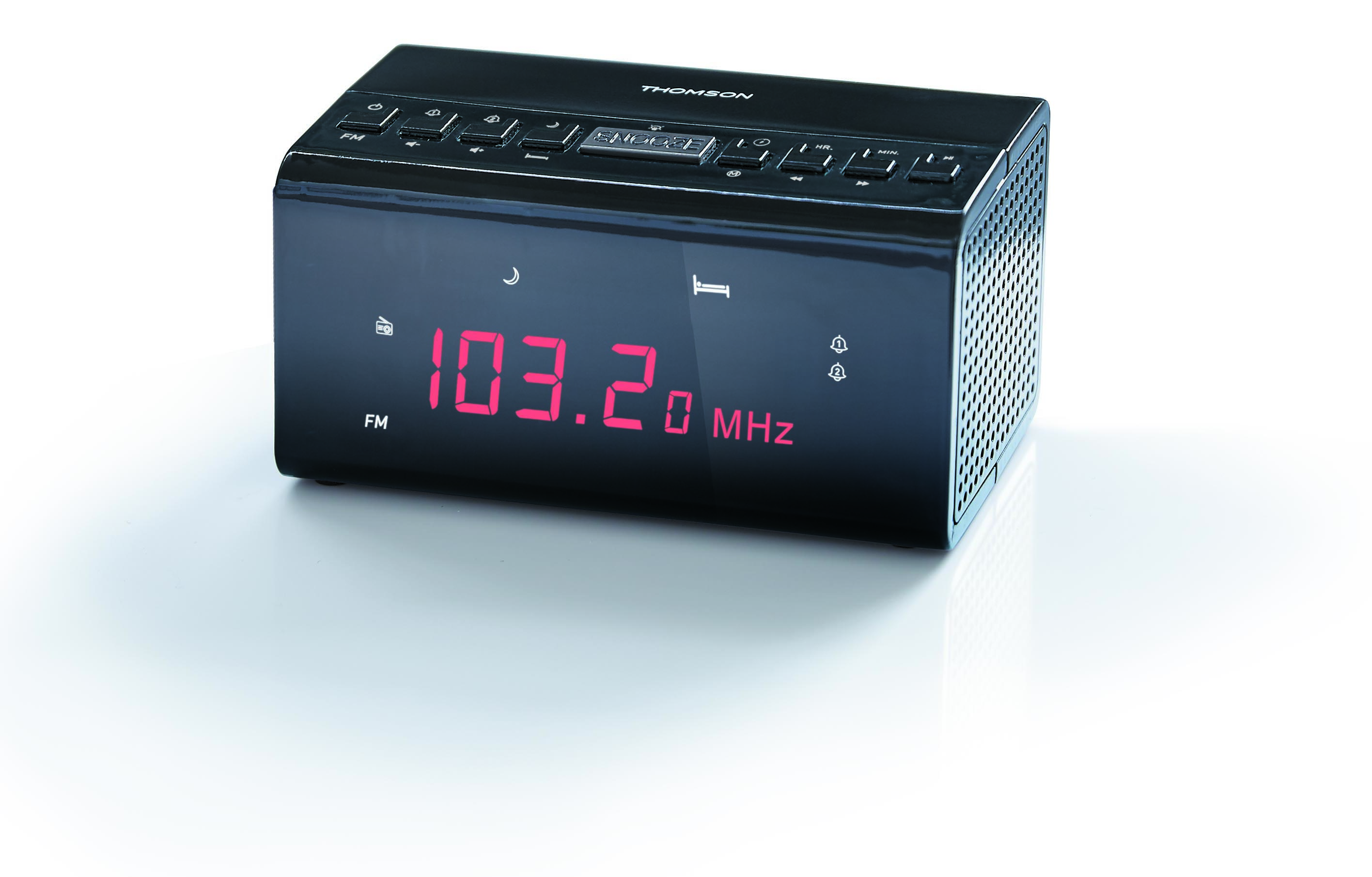 Radio reloj digital Thomson negro que muestra 103,2 MHz.