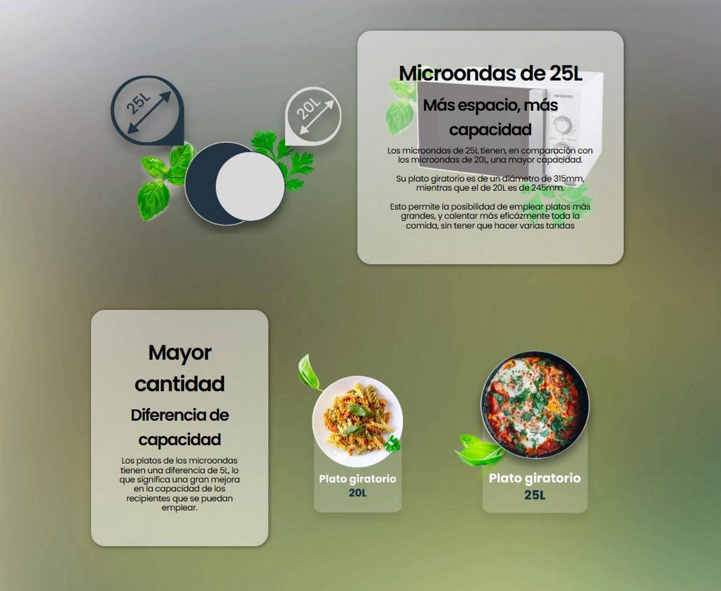Infografica di un microonde con testo e immagini di cibo. Confronta le dimensioni 20L e 25L.