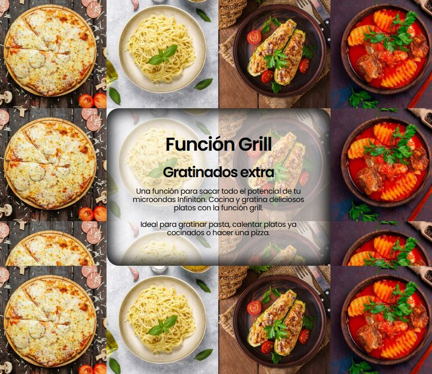 Sono presentati vari piatti, tra cui pizza e pasta. La sovrapposizione di testo promuove la funzione grill per cucinare e gratinare.