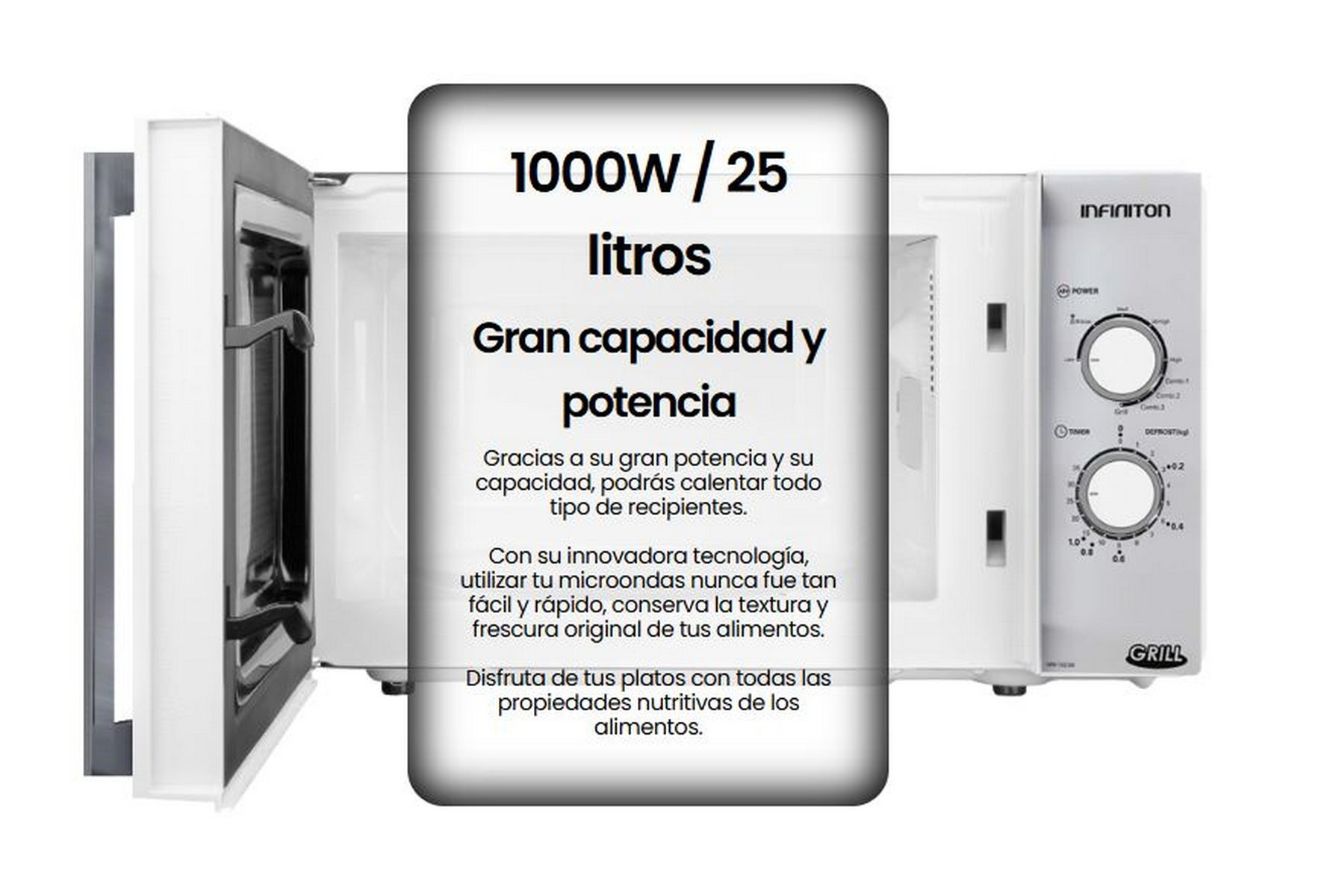 Horno microondas con puerta abierta y texto superpuesto: 1000W / 25 litros.