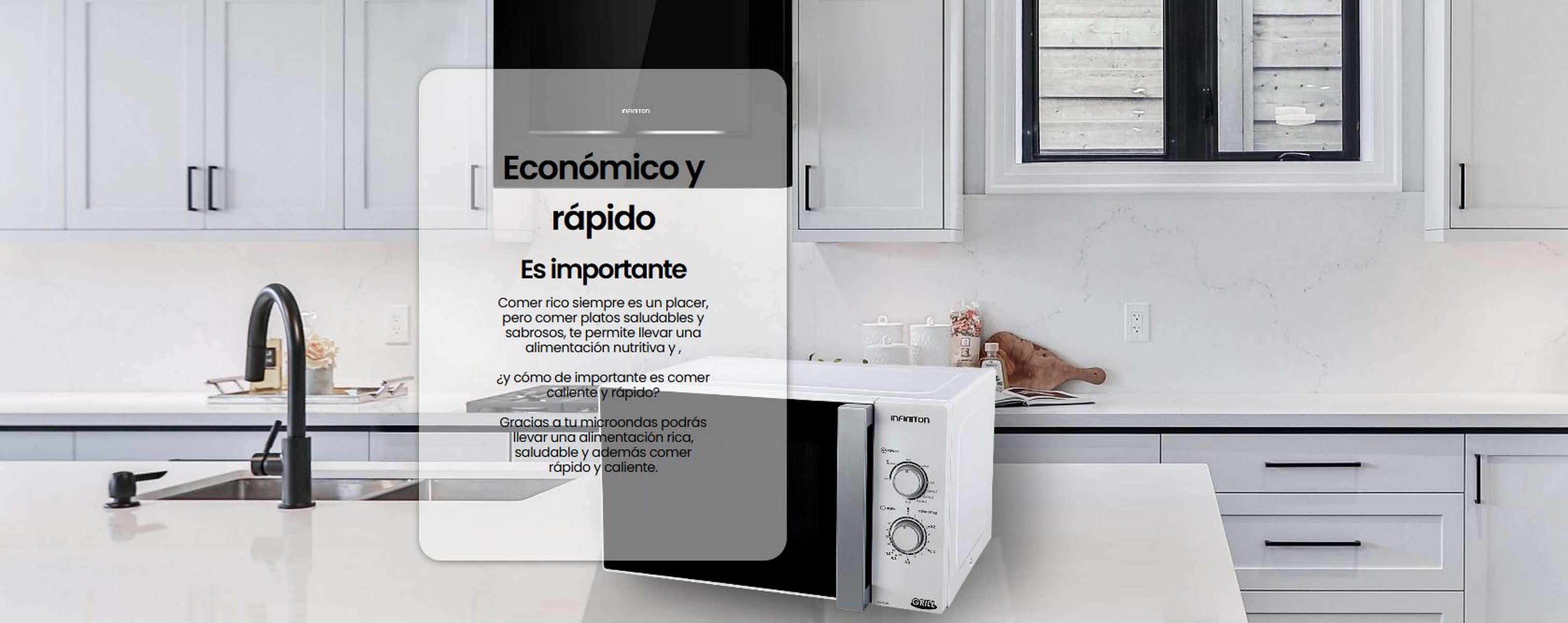 Microondas en cocina. Superposición de texto: Económico y rápido, comidas saludables.