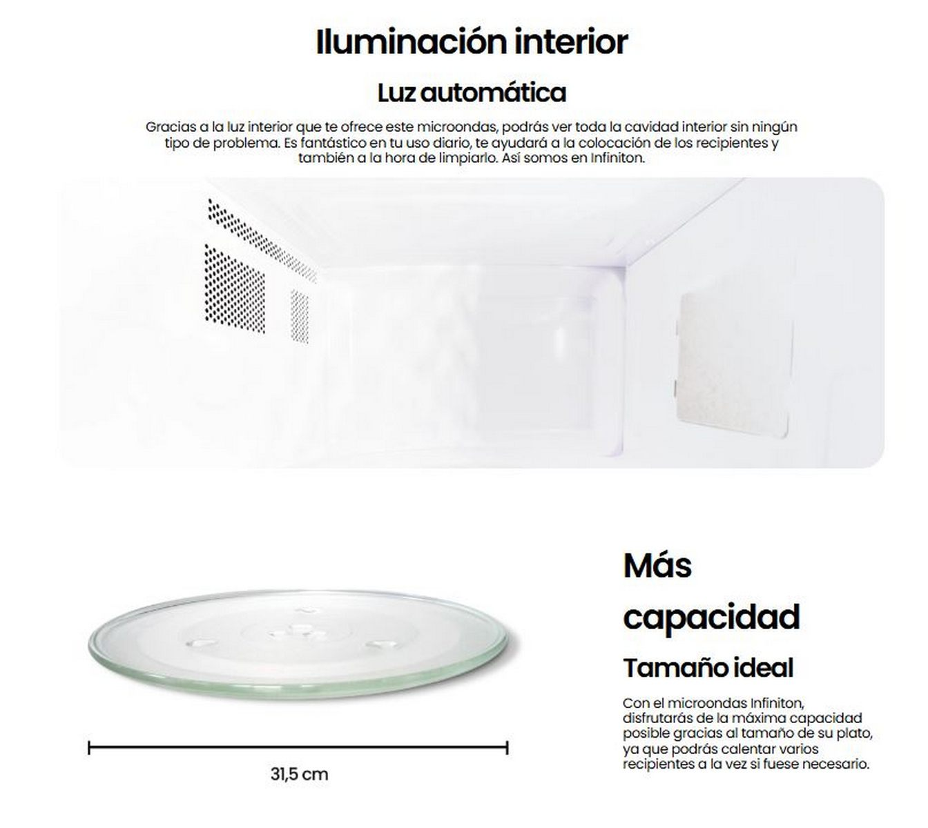 Interior de microondas con plato de cristal y texto en español sobre capacidad.