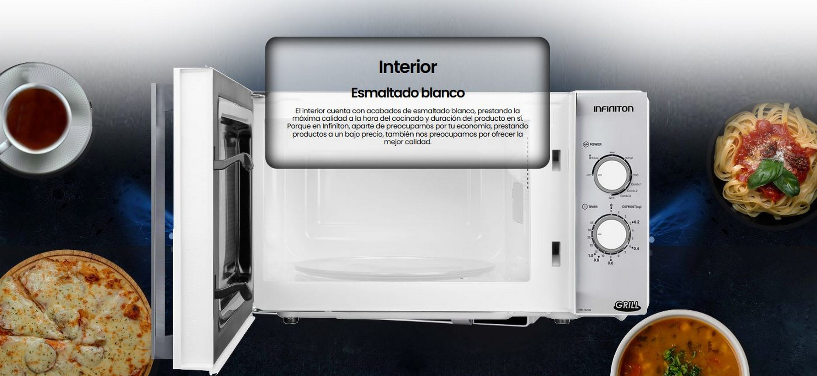 Se muestra el interior de un horno microondas. Tiene esmalte blanco y un cuadro de texto que describe el interior.
