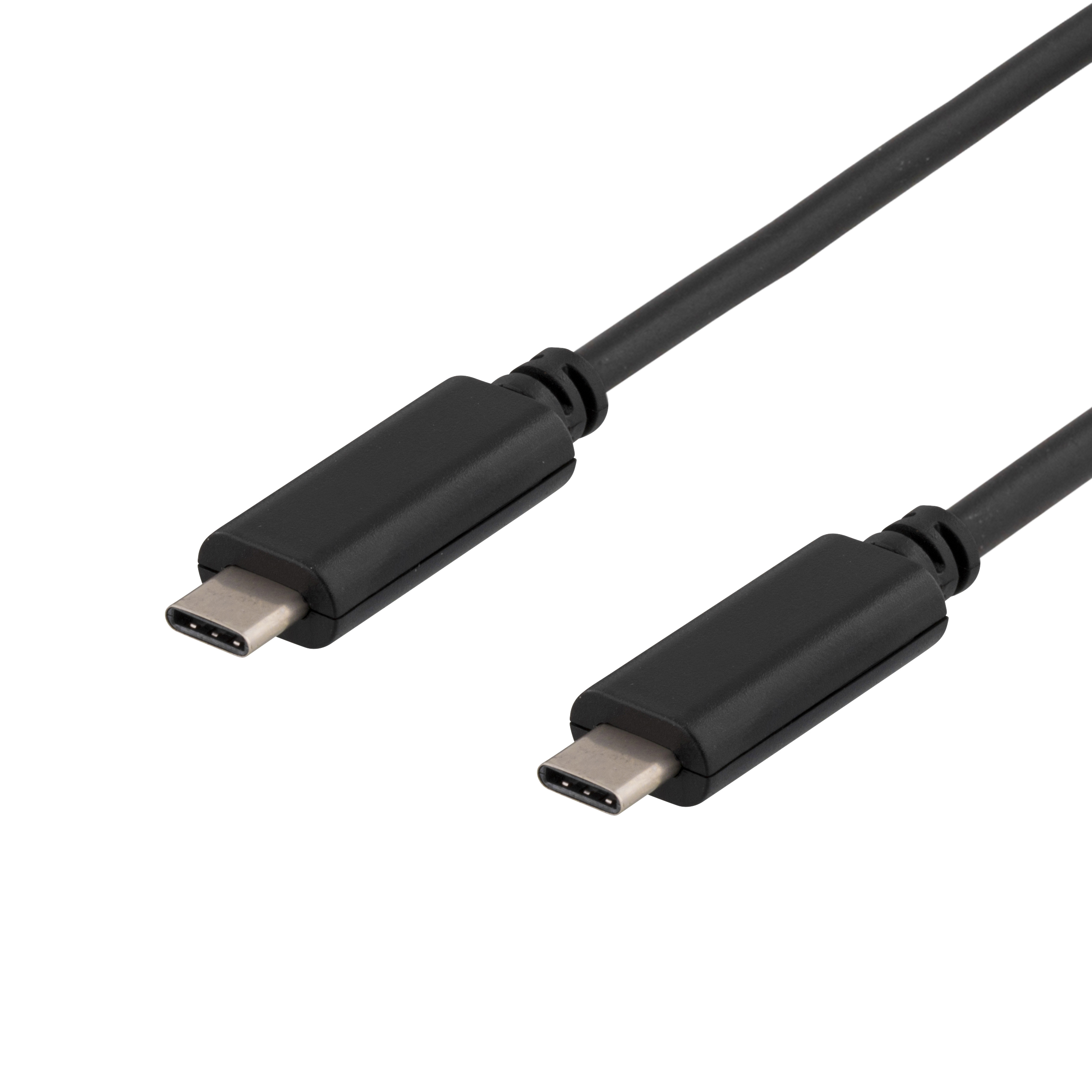 Due cavi USB-C neri con connettori sono angolati diagonalmente su sfondo bianco.