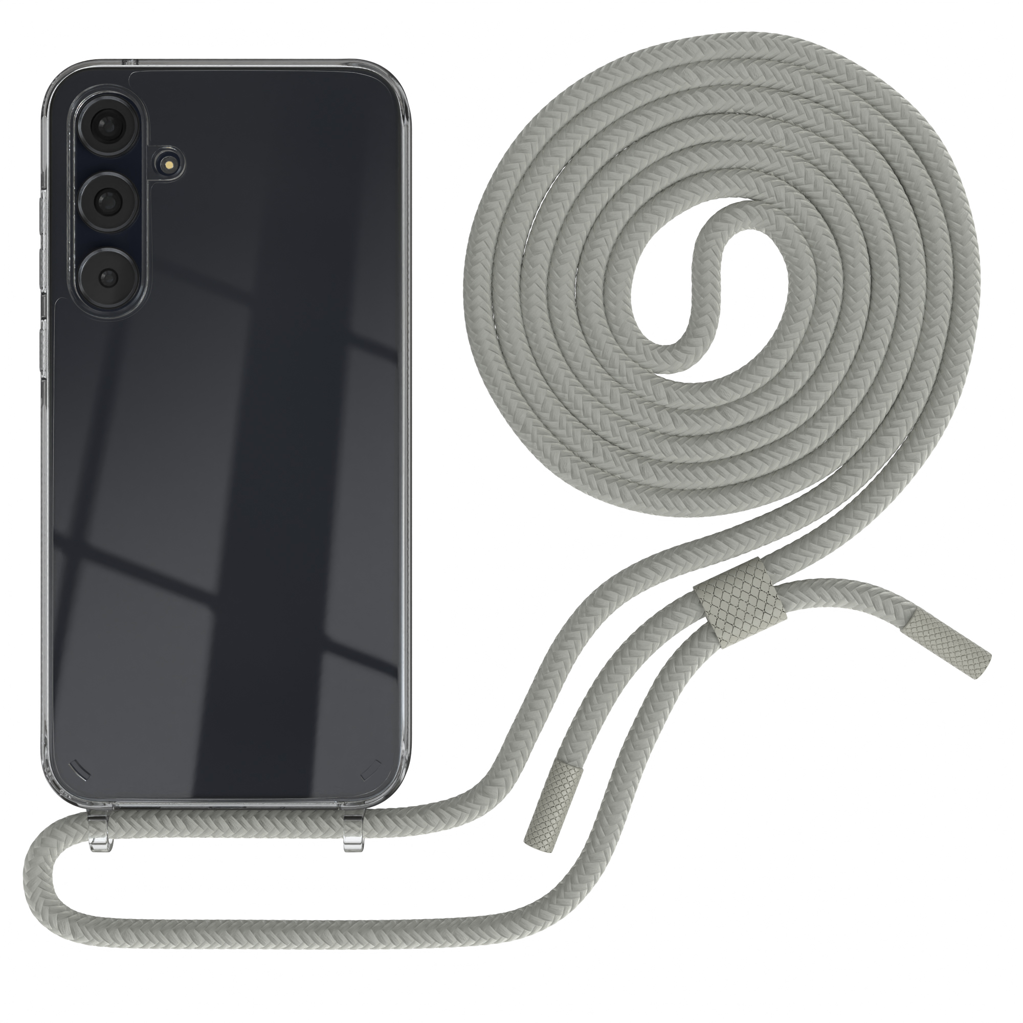 Telefon mit grau geflochtenem Lanyard. Das Telefon hat eine schwarze Rückseite und eine transparente Hülle.