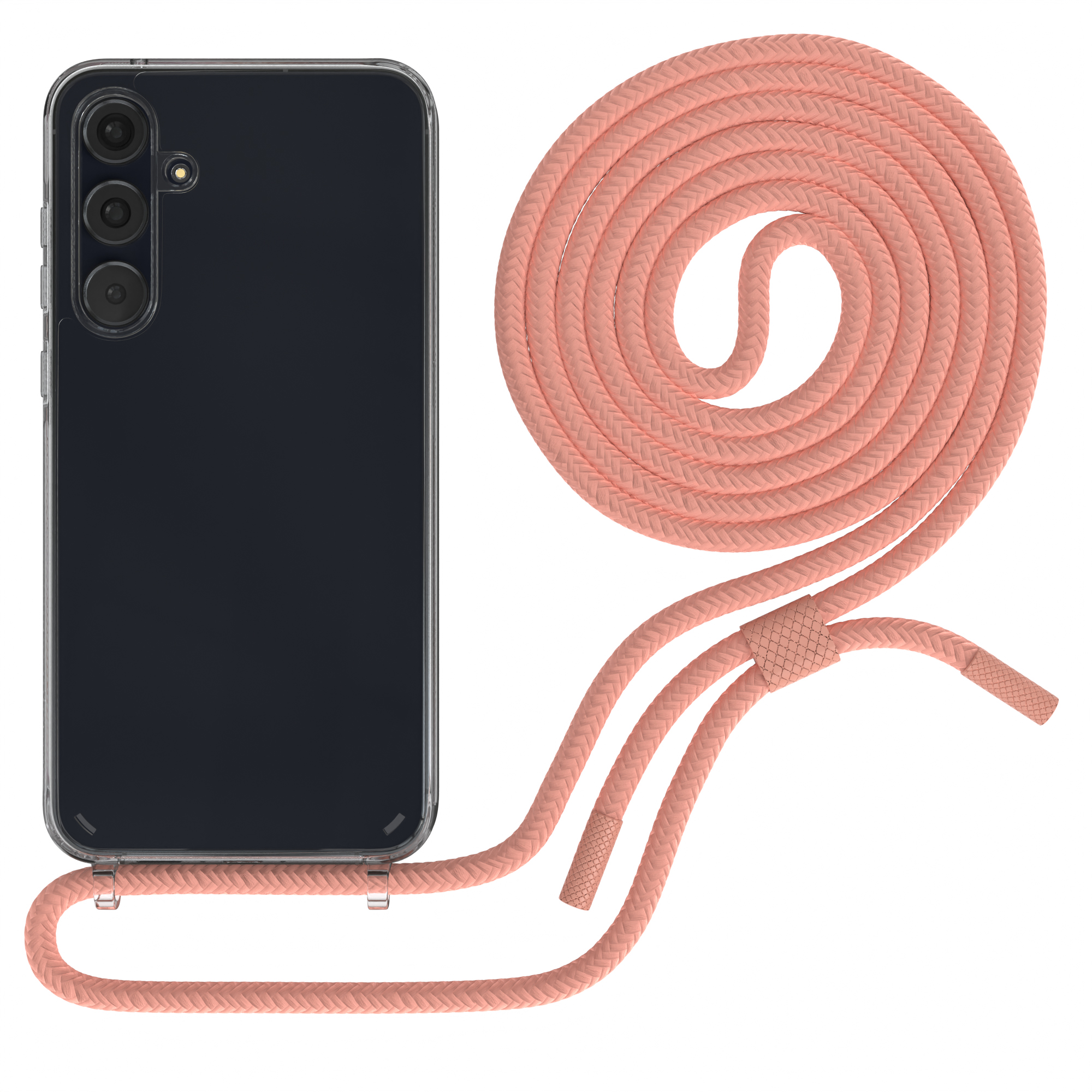 Ein schwarzes Telefon mit einer rosa Schnurhülle, daneben aufgerollt.