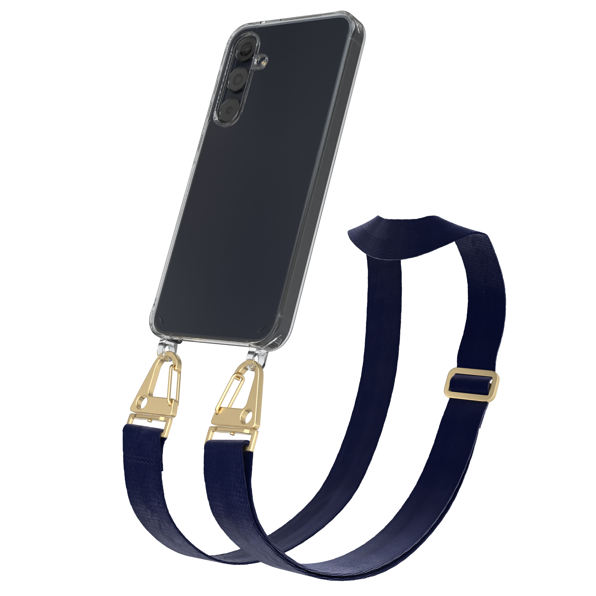 Eine transparente Handyhülle mit einem marineblauen Umhängeband. Goldene Verschlüsse verbinden das Band mit der Hülle.