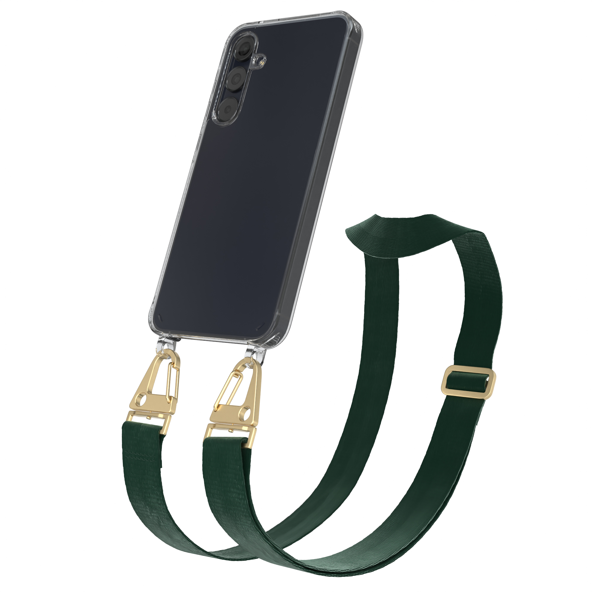 Ein schwarzes Smartphone in einer durchsichtigen Hülle mit grünem Riemen, goldenen Clips und Schnalle.