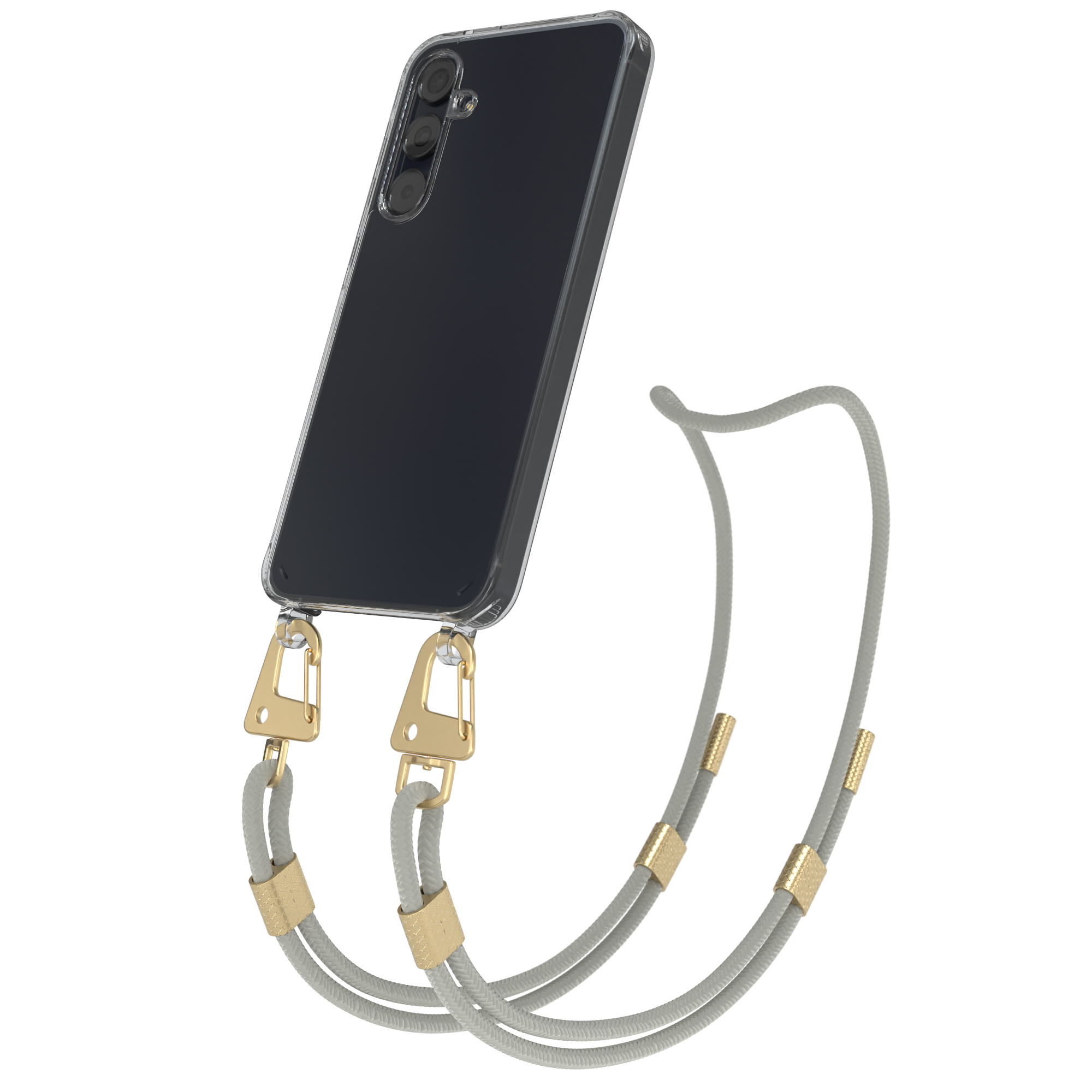 Schwarzes Telefon mit transparenter Hülle und Riemen. Goldakzente. Weißer Hintergrund.