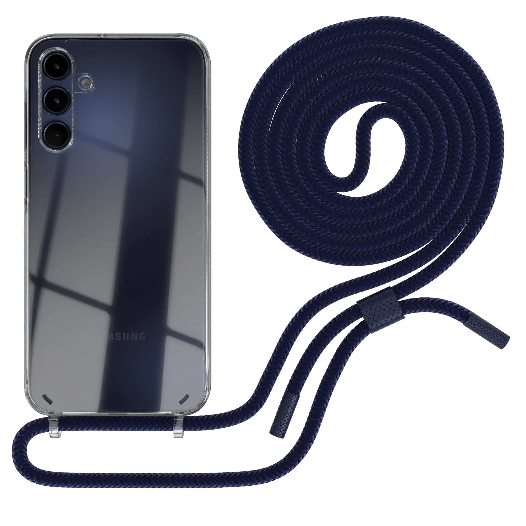 Eine marineblaue Handyhülle mit marineblauem Handyband. Das Telefon ist sichtbar.