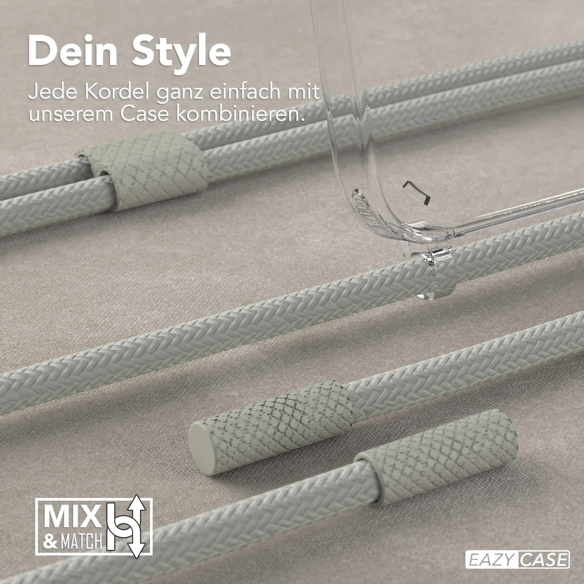 Handyhülle mit hellgrauer Kordel, Text: Dein Style und Mix & Match Logo.