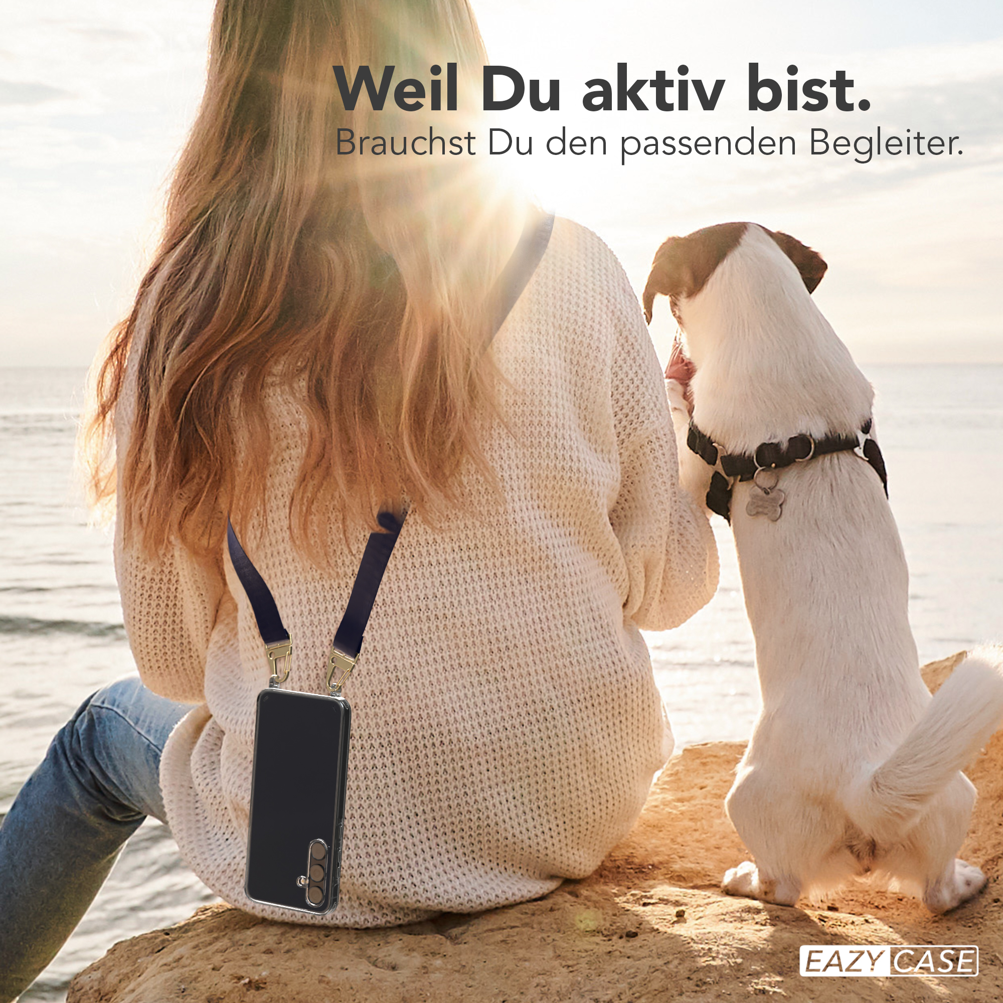 Frau mit Telefon am Gurt, Hund. Text: Weil du aktiv bist. Du brauchst den passenden Begleiter.