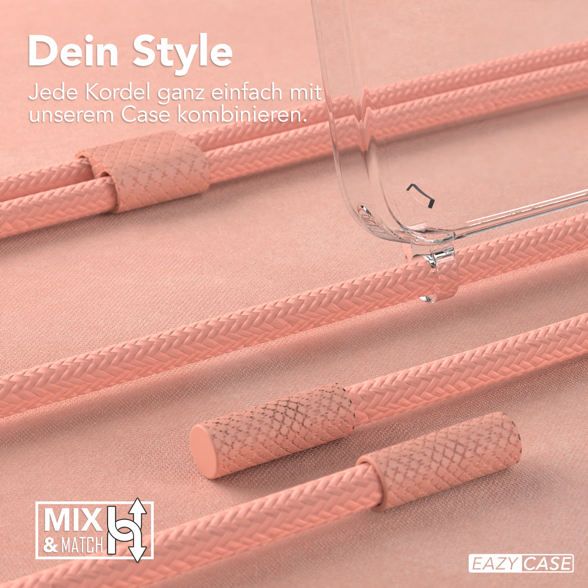 Nahaufnahme von rosa Telefonschnüren auf rosa Oberfläche mit Eazy Case Logo.