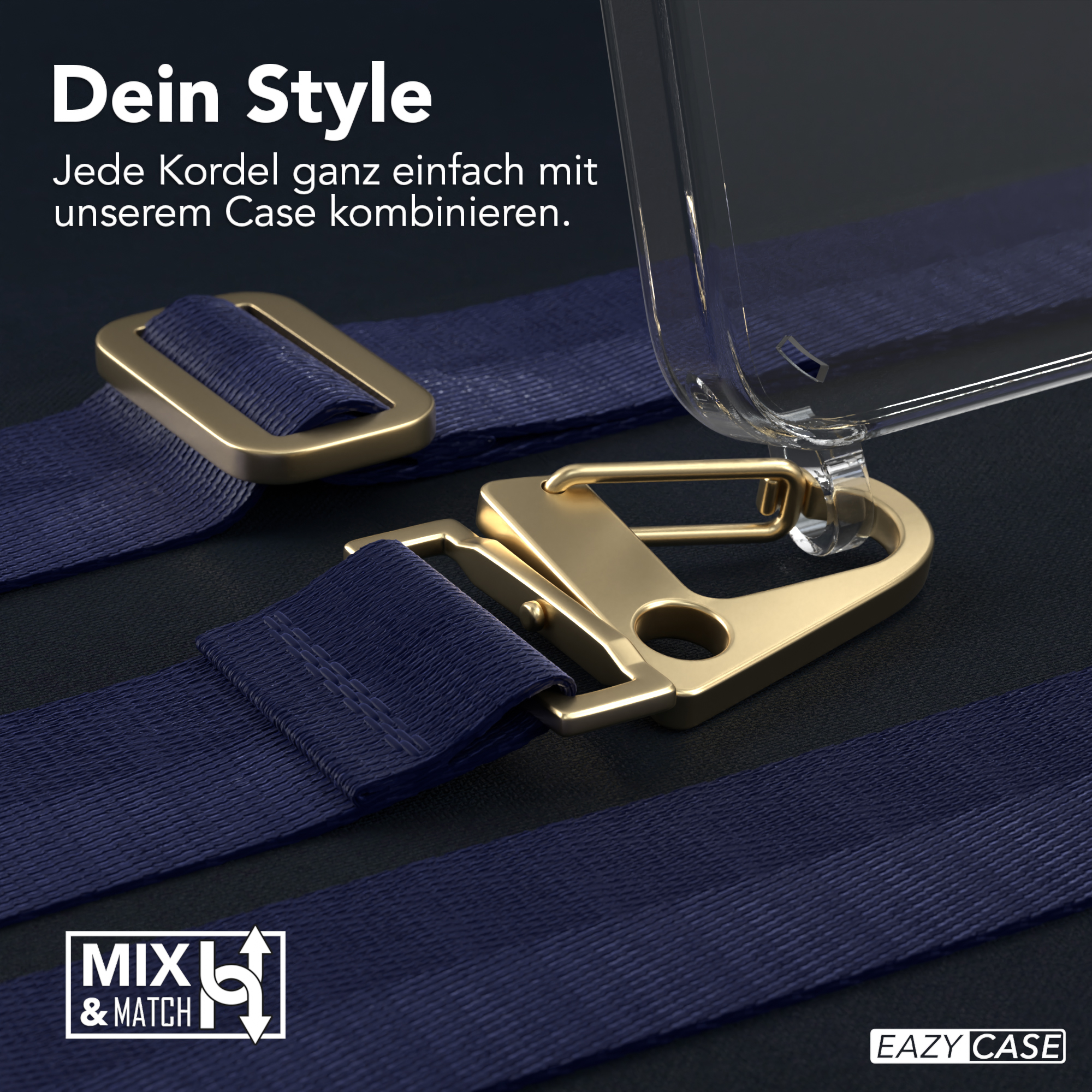 Nahaufnahme eines blauen Riemens mit goldenem Verschluss, der an einer transparenten Handyhülle befestigt ist.