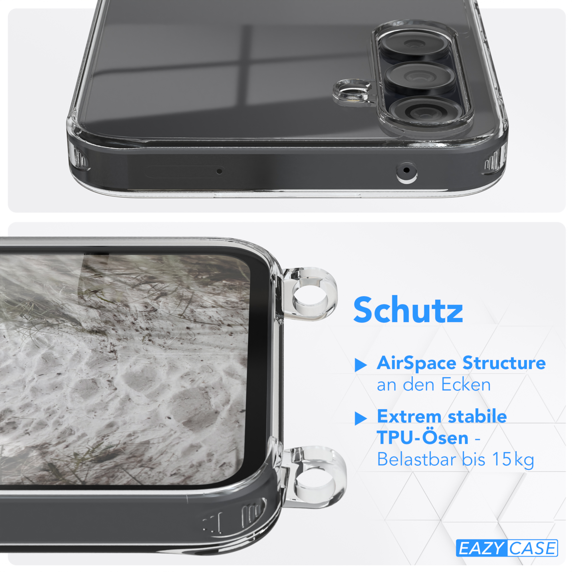 Nahaufnahme einer Handyhülle mit Sandmuster innen. Sie ist transparent und bietet Schutz.
