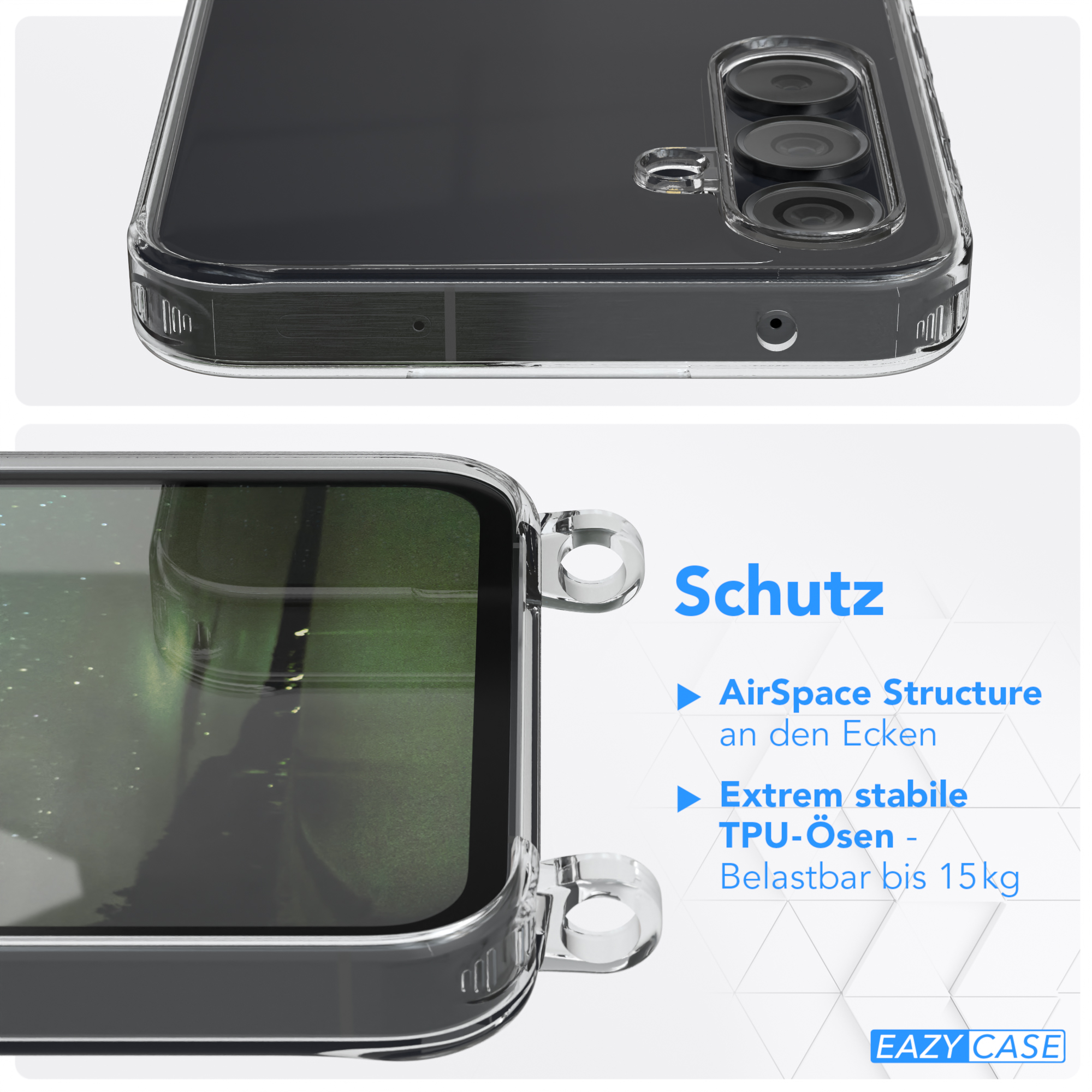 Klare Handyhülle mit einem Telefon darin. Zeigt die Struktur der Ecken.