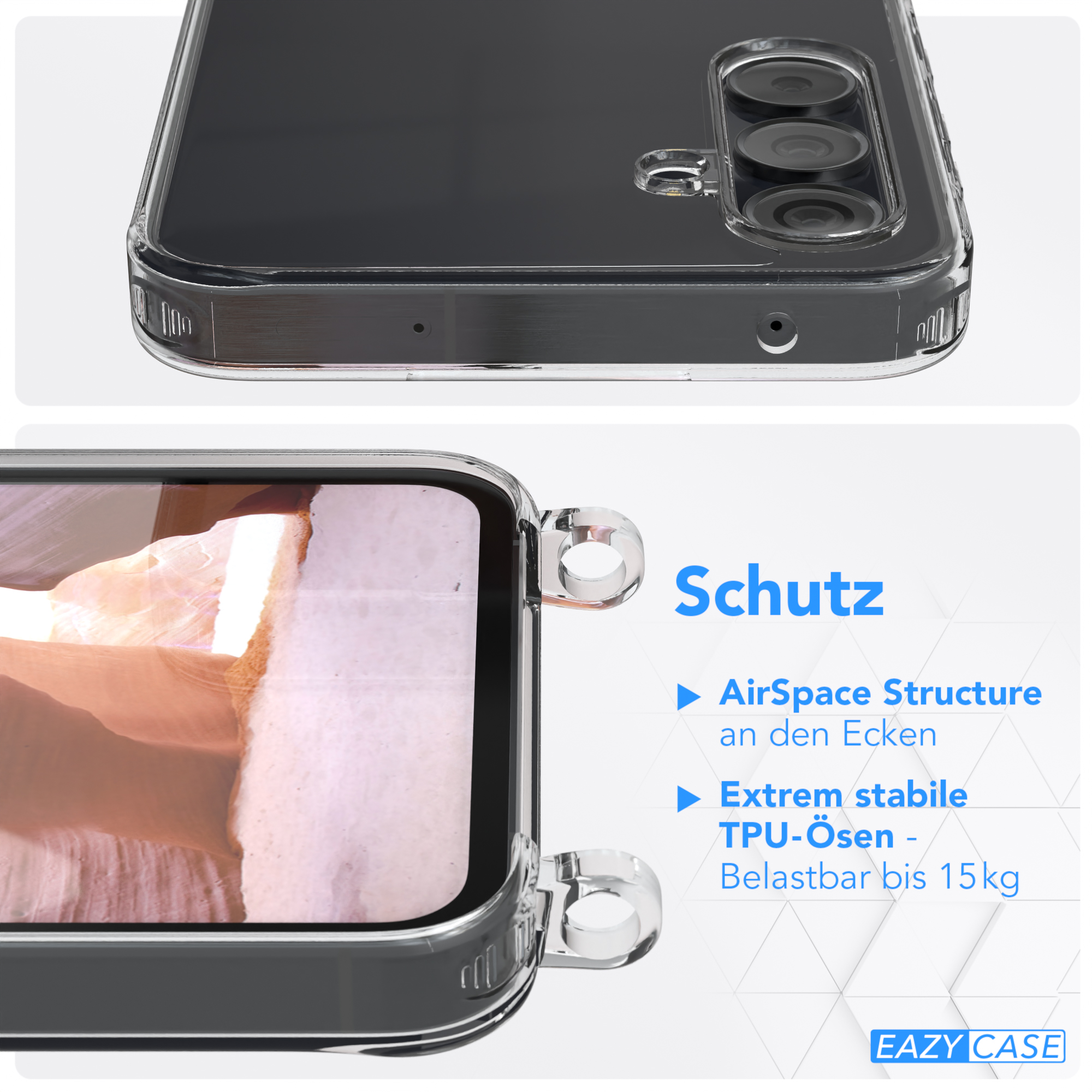 Nahaufnahme einer transparenten Handyhülle mit einem Telefon darin, das Details wie Knopf und Kamera zeigt.