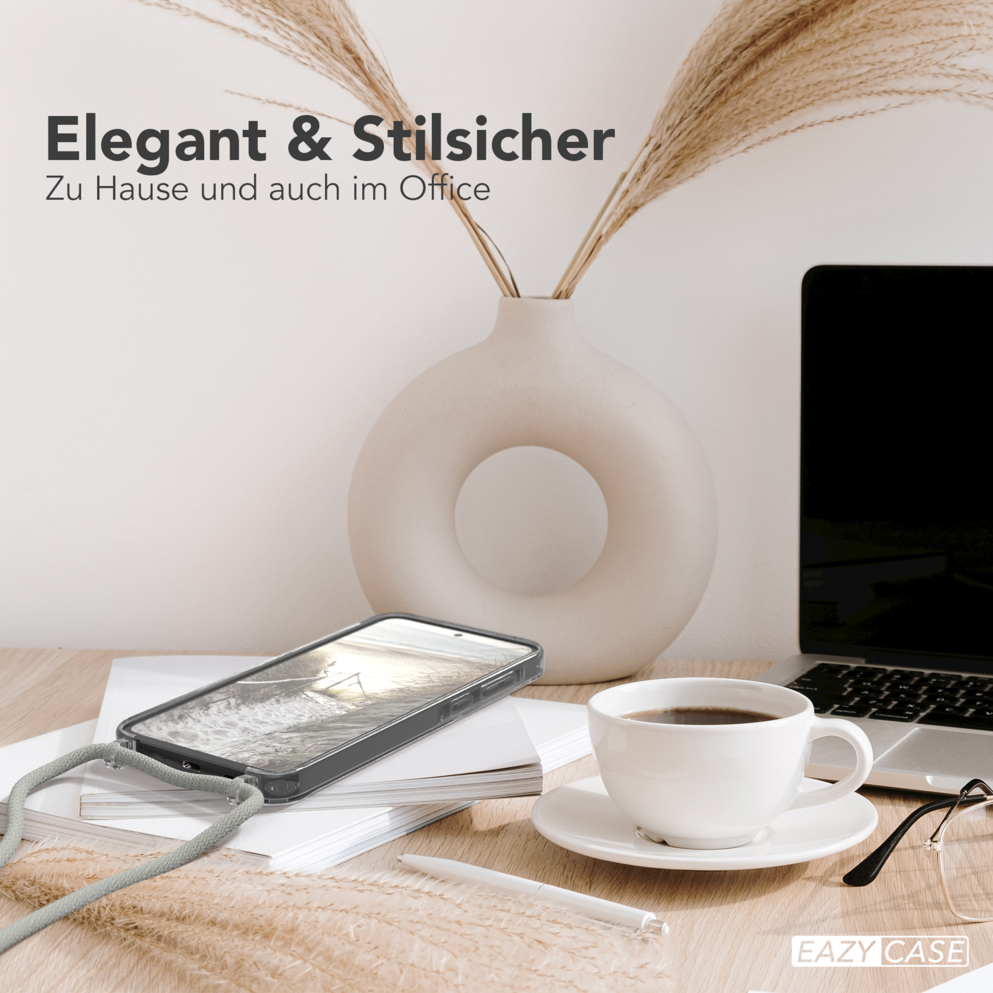 Handyhülle und Zubehör auf einem Tisch, mit Text: Elegant & Stilvoll, für zu Hause und Büro.