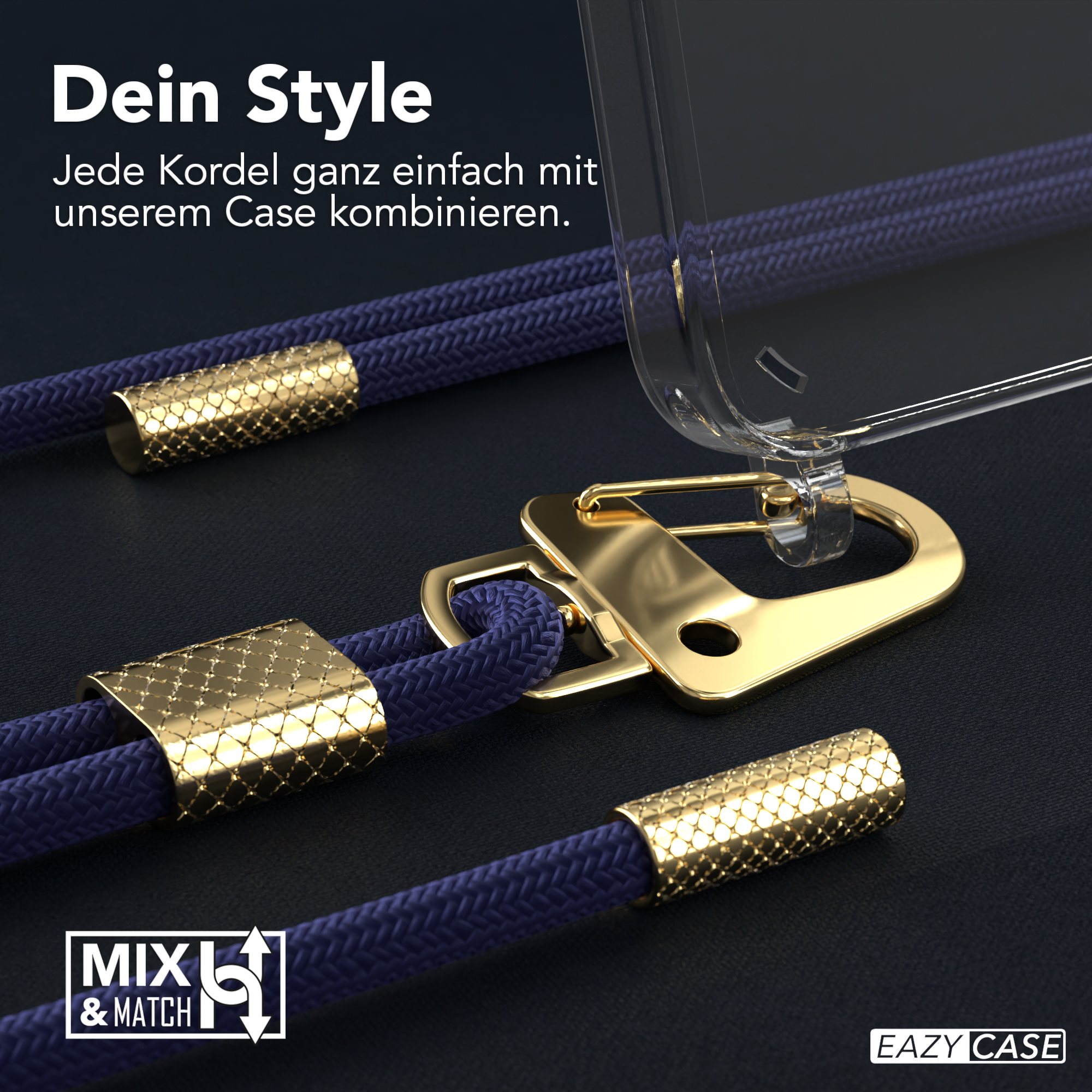 Nahaufnahme einer Handyhülle mit Kordel und einer Handyhülle mit goldenen Details. Blaue Kordel und dunkler Hintergrund.