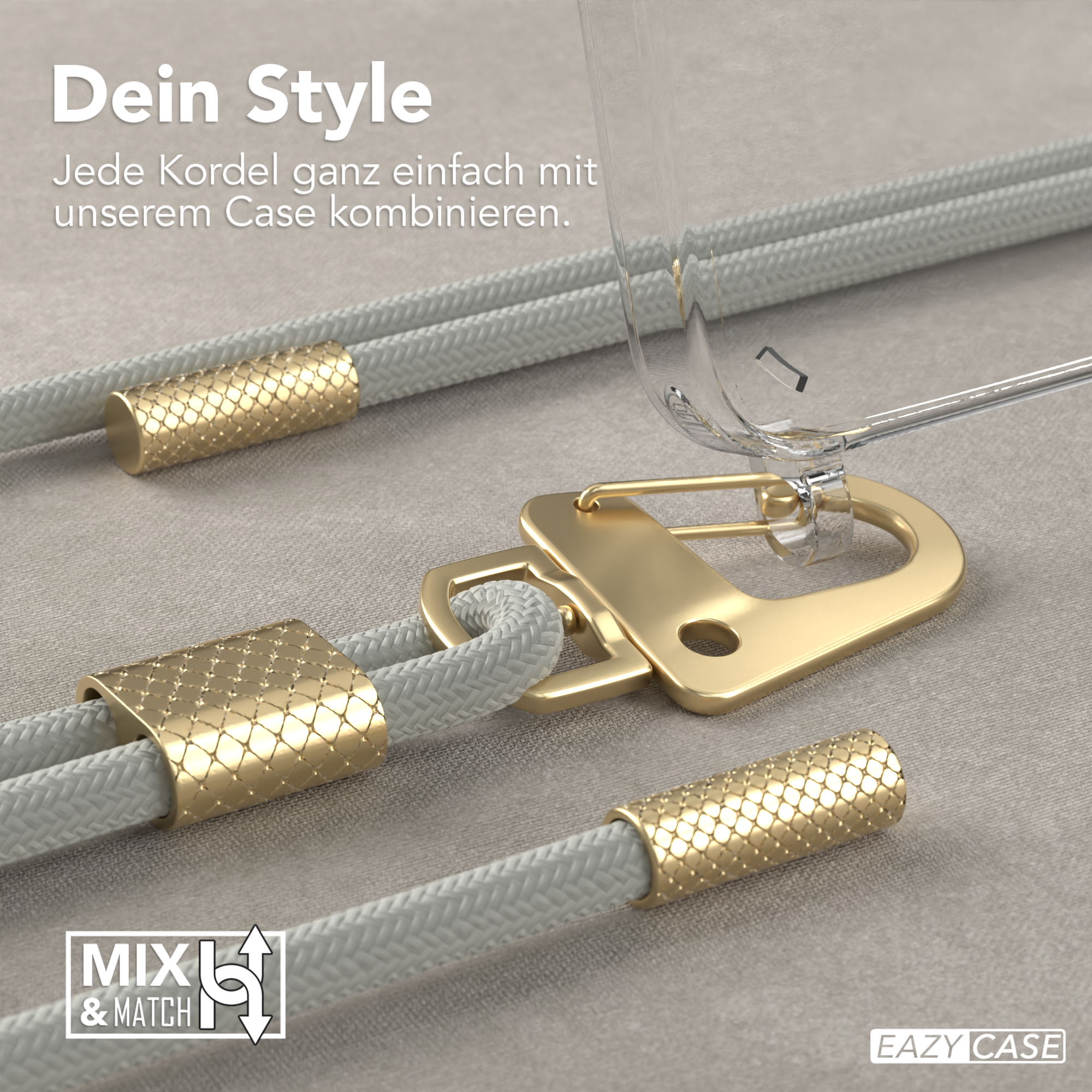 Nahaufnahme eines goldenen Telefon-Lanyards. Goldener Verschluss und Hardware. Graue, seilartige Kordel.