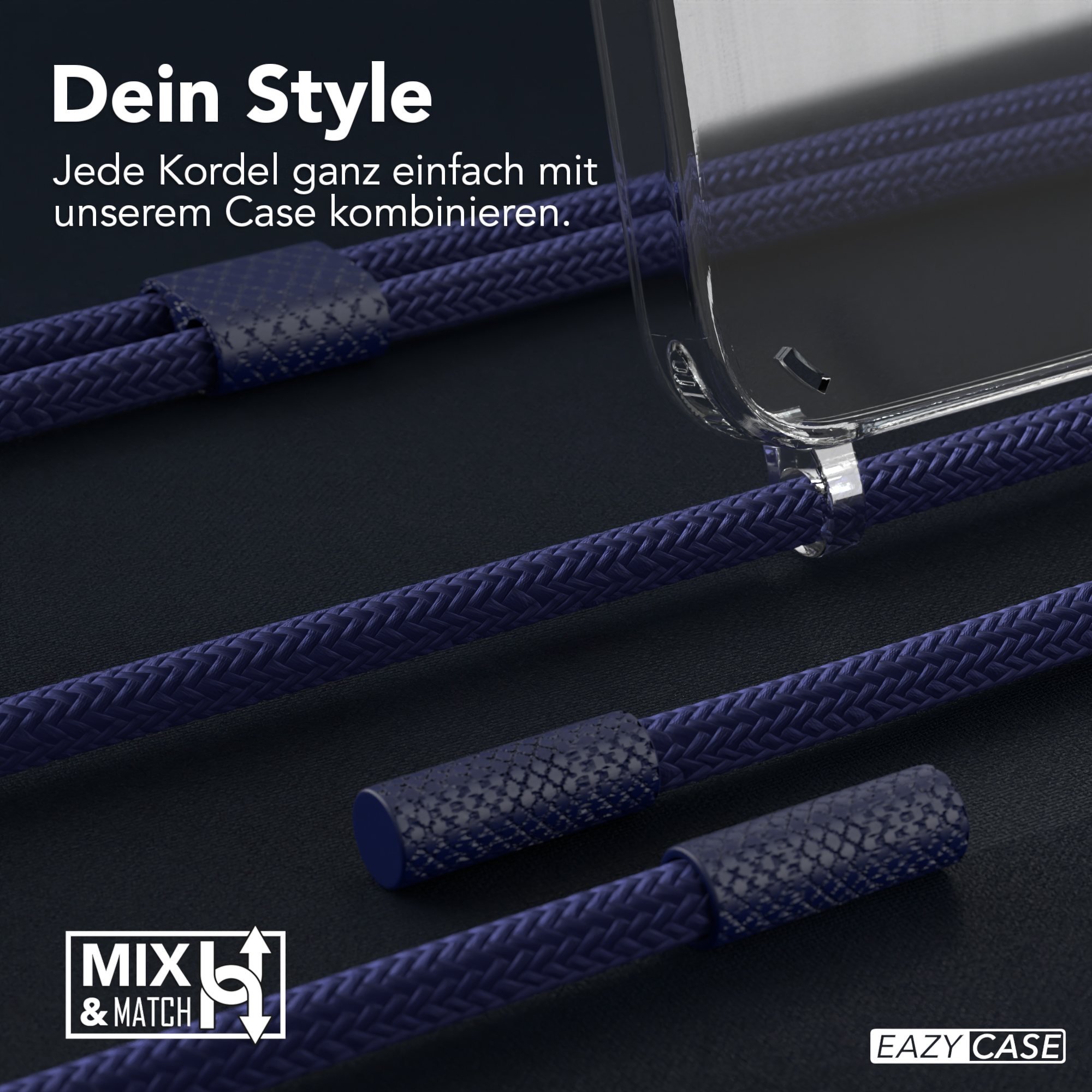 Blaue Telefonschnur und transparente Handyhülle. Text: Dein Style. MXL & MATCH Logo.