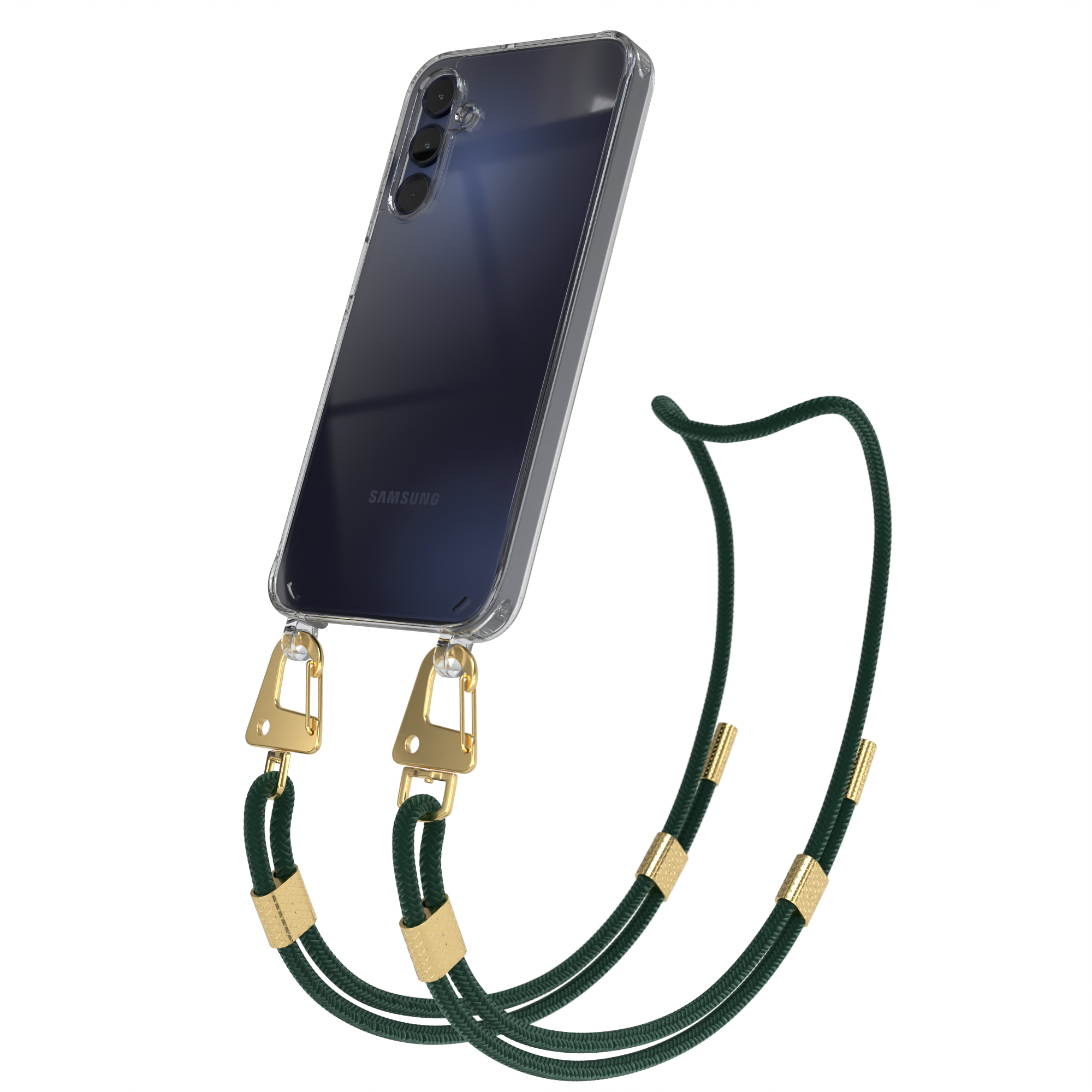 Ein Smartphone in einer transparenten Hülle mit einem grünen Umhängeband. Das Band hat goldene Akzente.