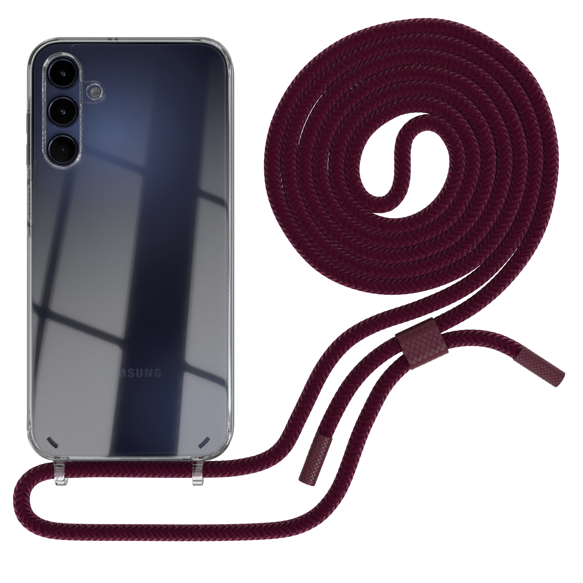 Telefon mit transparentem Case und weinrotem Umhängeband. Weißer Hintergrund.