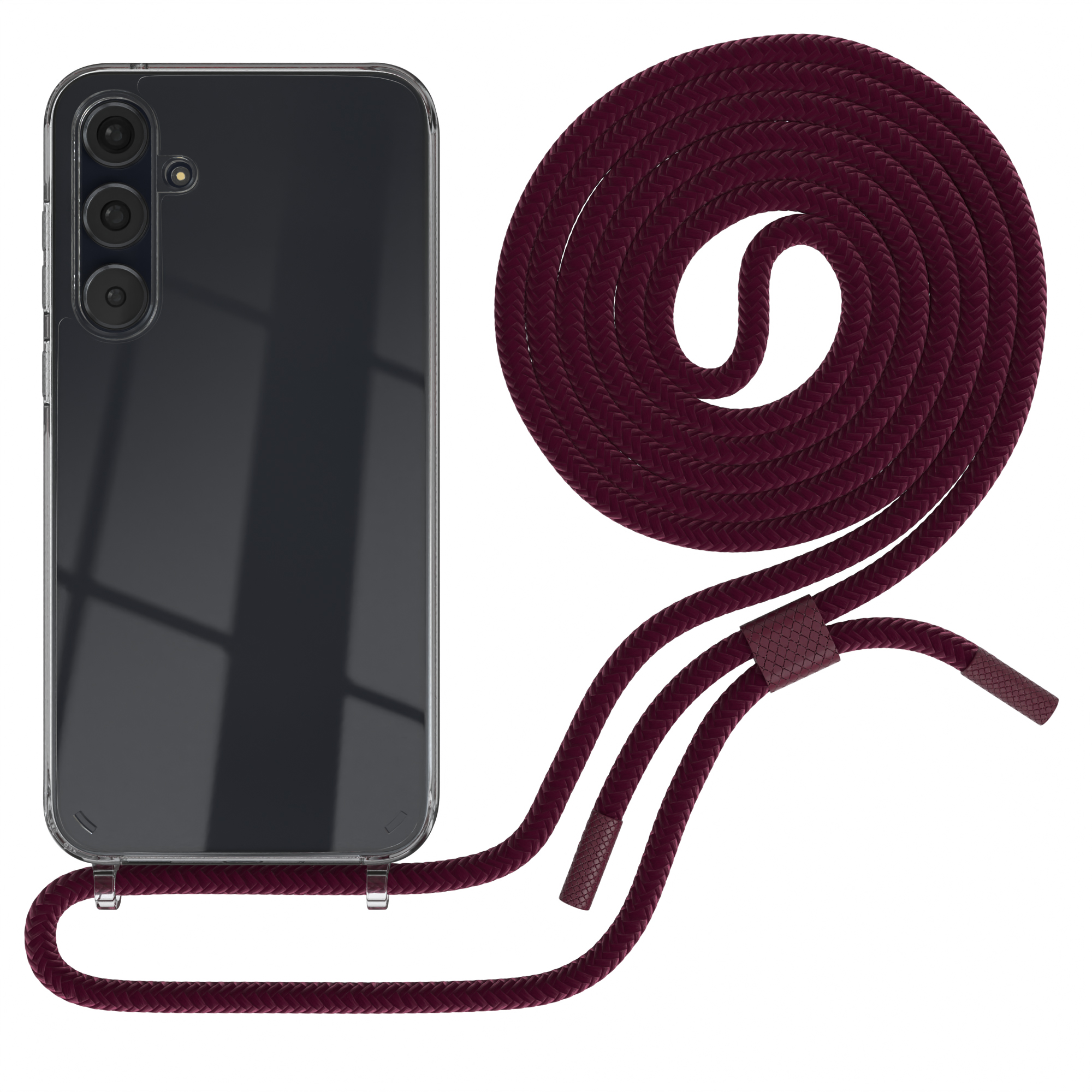 Transparente Handyhülle mit weinrotem Kordel. Telefon mit drei Kameras.