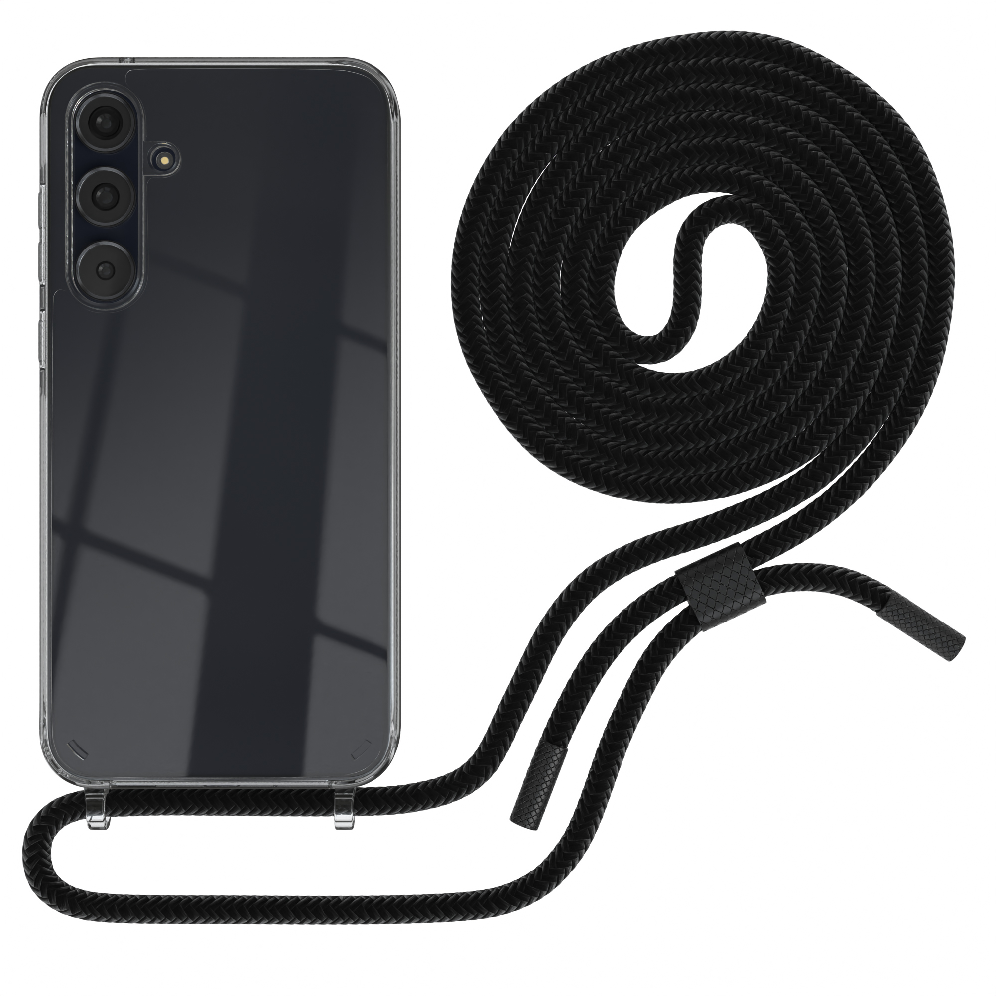 Schwarze Handyhülle mit schwarzem Seil. Das Telefon ist transparent und zeigt seine Rückseite.