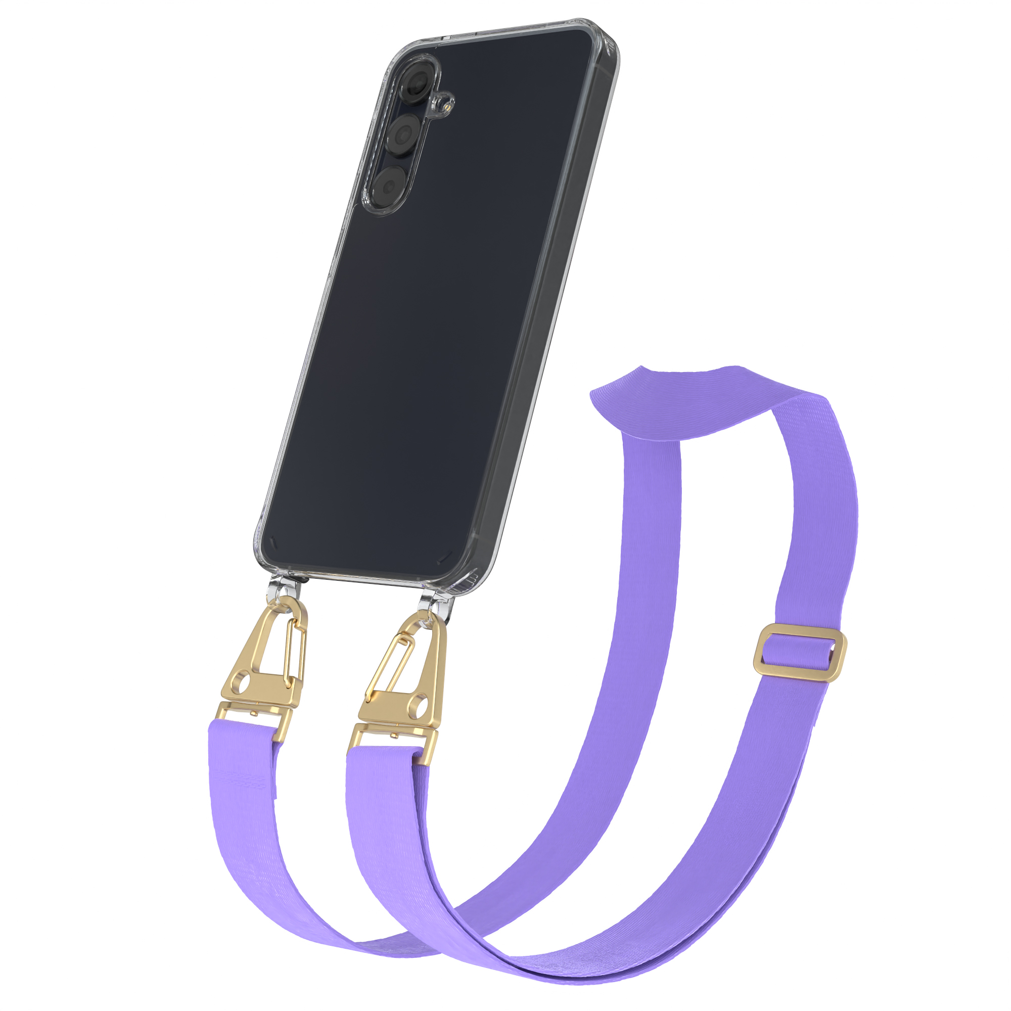 Klares Telefon mit lila Riemen und goldenen Verschlüssen auf weißer Oberfläche.