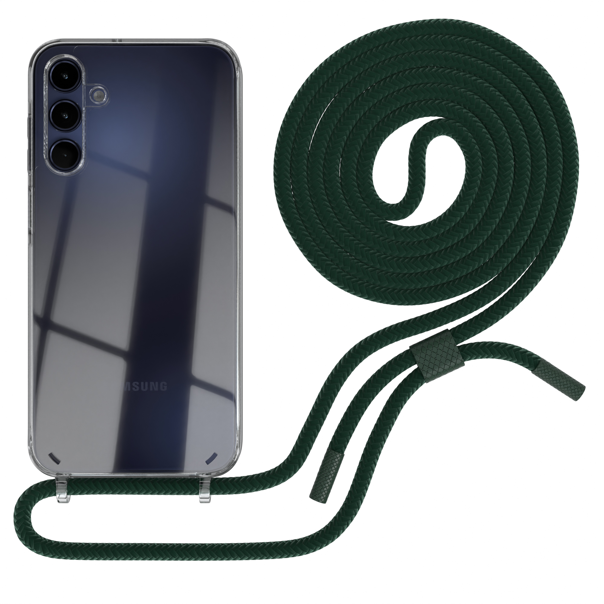 Eine transparente Handyhülle mit einem dunkelgrünen Lanyard, das an einem Telefon mit drei Kameras befestigt ist.
