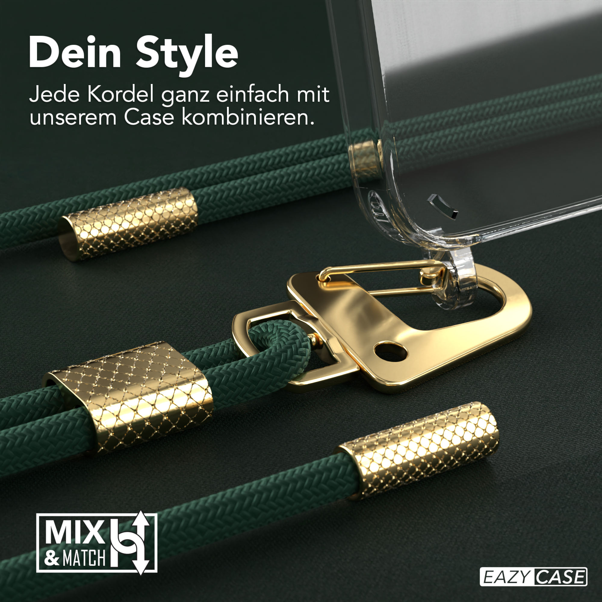 Nahaufnahme eines grünen Telefonkabels mit goldenen Akzenten und einer Handyhülle mit Halterung.