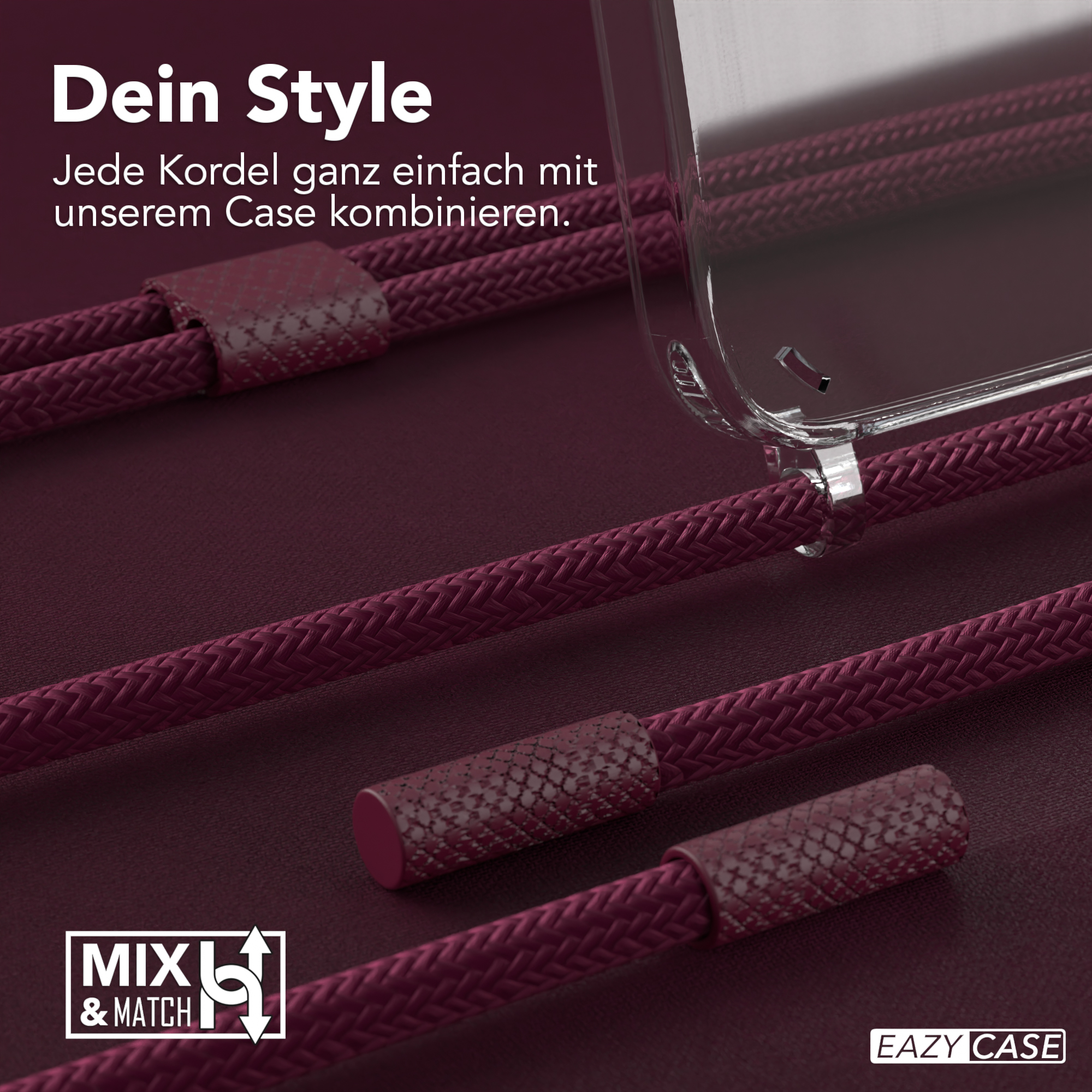 Nahaufnahme eines Telefonkabels mit den Worten Dein Style und Eazy Case Logo.