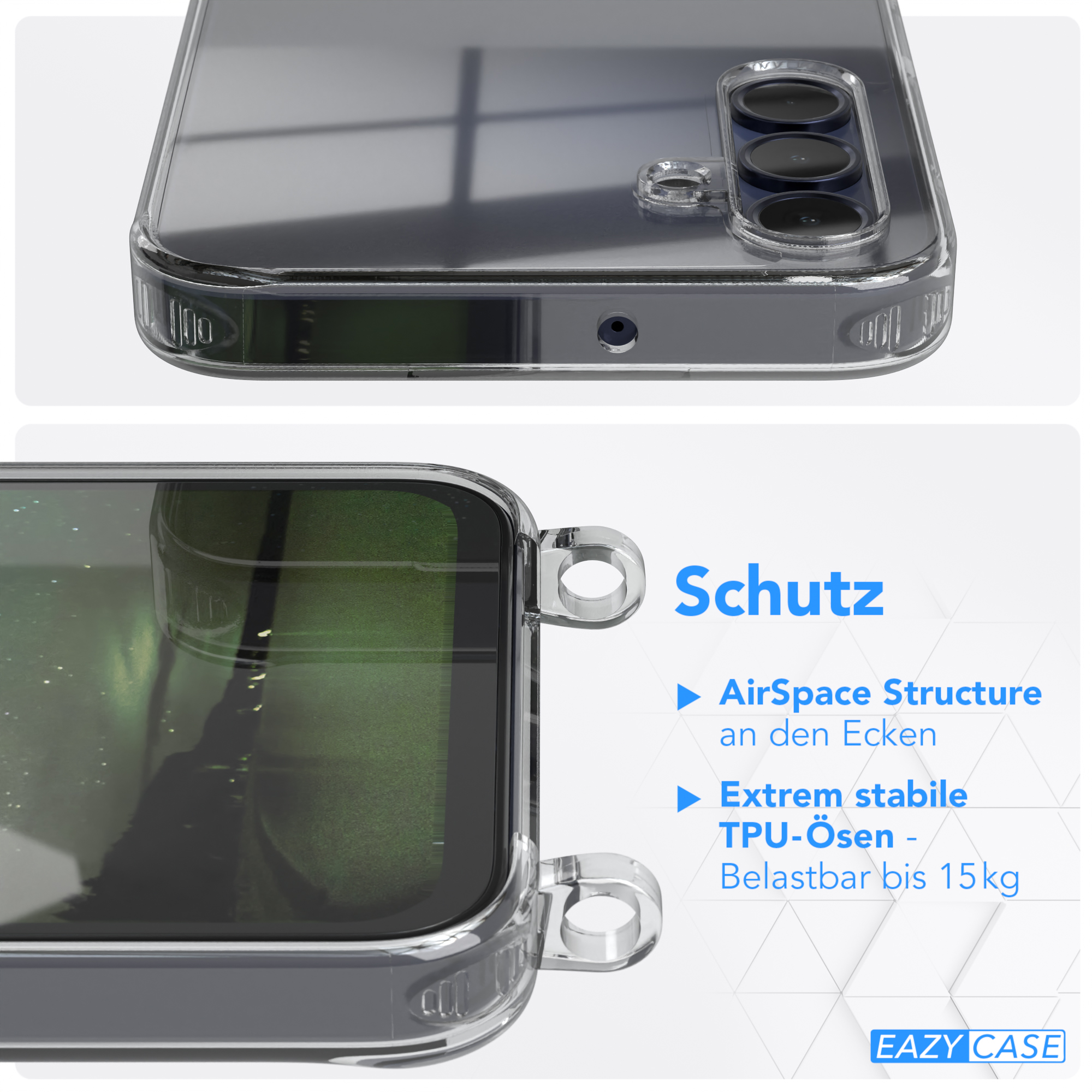 Handyhülle mit Ösen. Es ist eine klare Hülle mit einem Telefon darin.