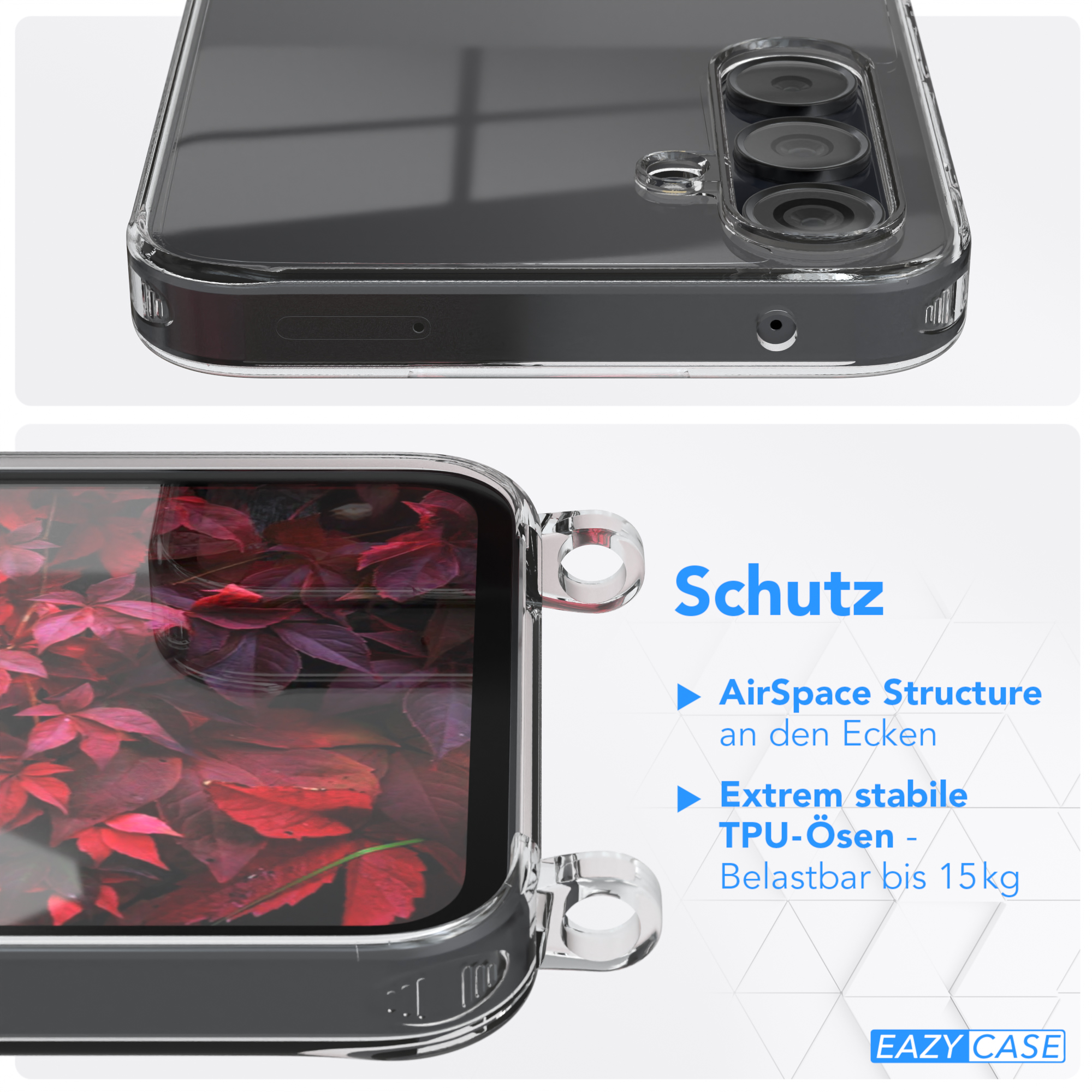 Transparente Handyhülle mit Telefondetails. Text: AirSpace Structure, Extrem stabile TPU-Ösen - Belastbar bis 15kg.