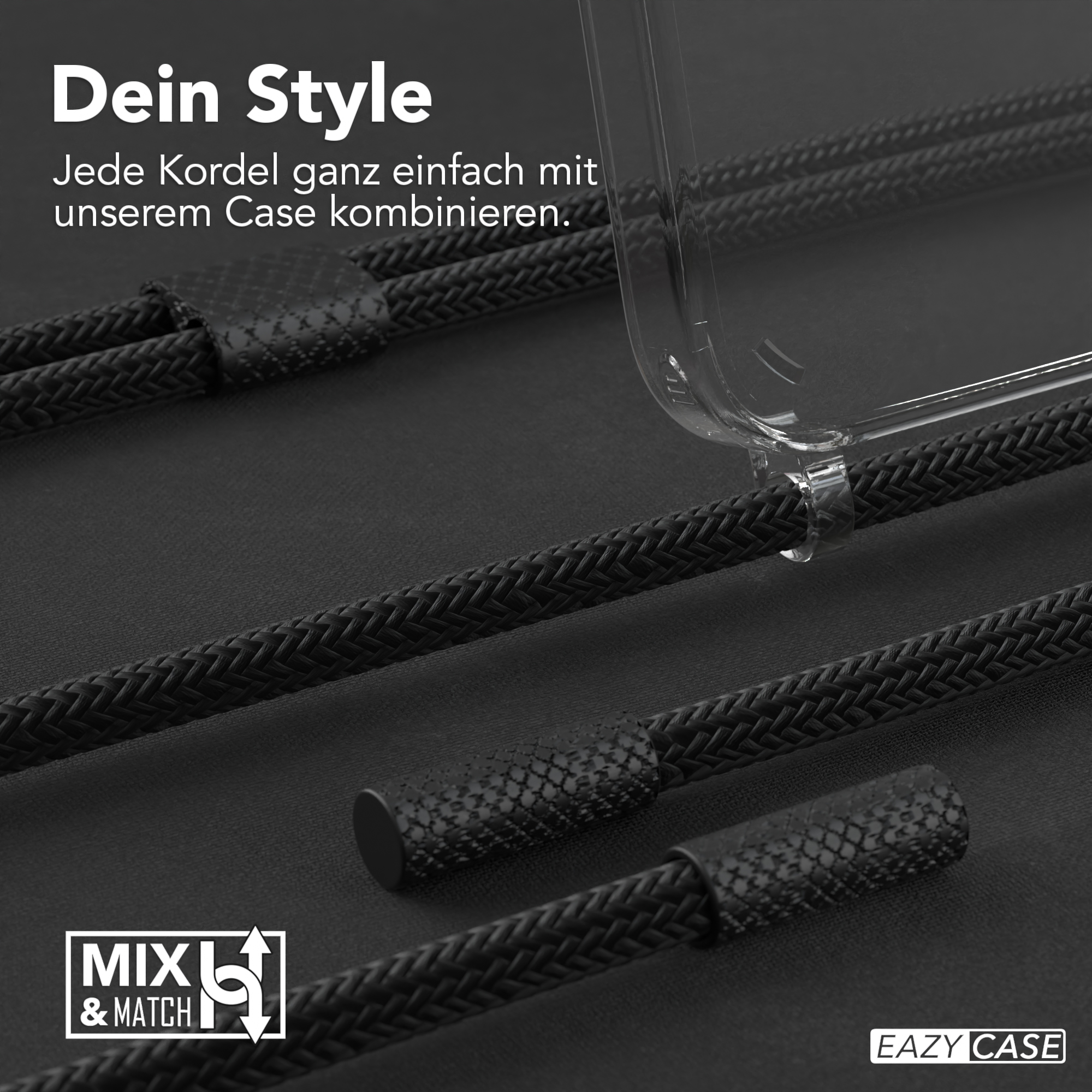Handyhülle mit schwarzer Kordel, Text: Dein Style und Mix & Match Logo.