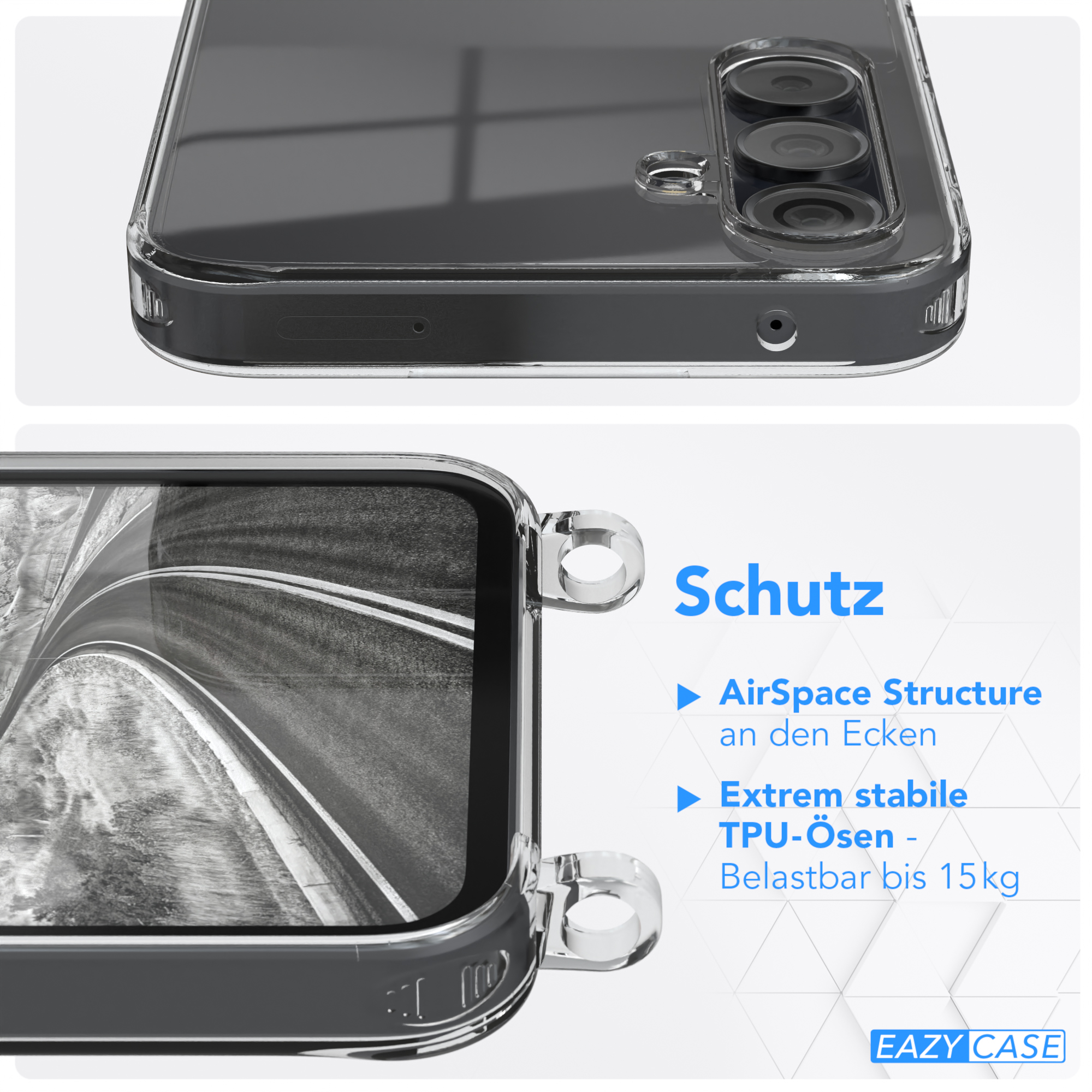 Transparente Handyhülle, Draufsicht und Seitenansicht. Text: AirSpace Structure, Extrem stabile TPU-Ösen, bis 15kg.