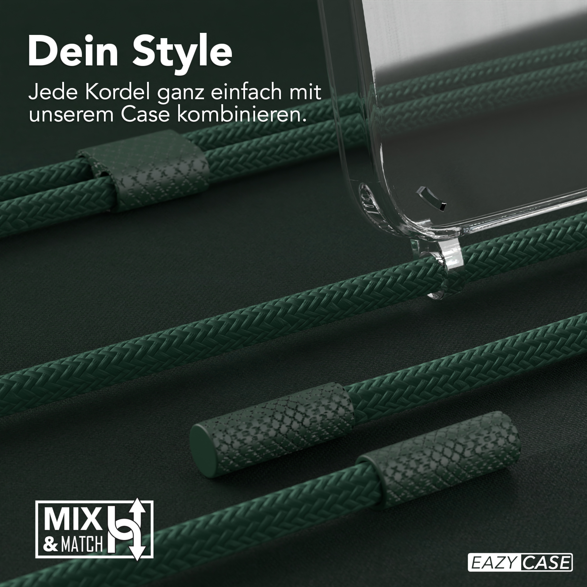 Grüne geflochtene Kordeln und eine transparente Handyhülle. Ein Logo mit der Aufschrift 'MXL & MATCH' ist sichtbar.
