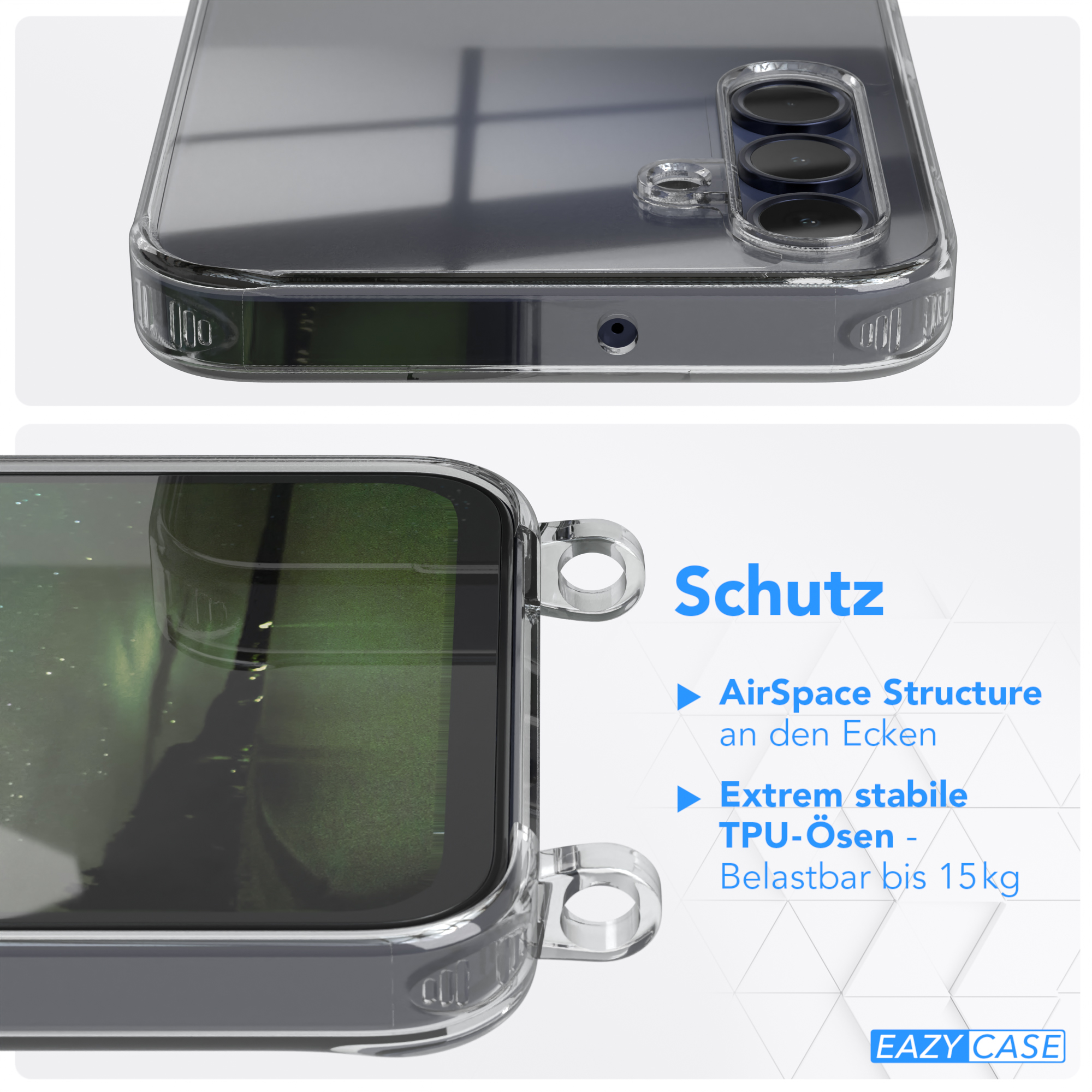 Transparente Handyhülle mit Kameramodul und Schutzring.