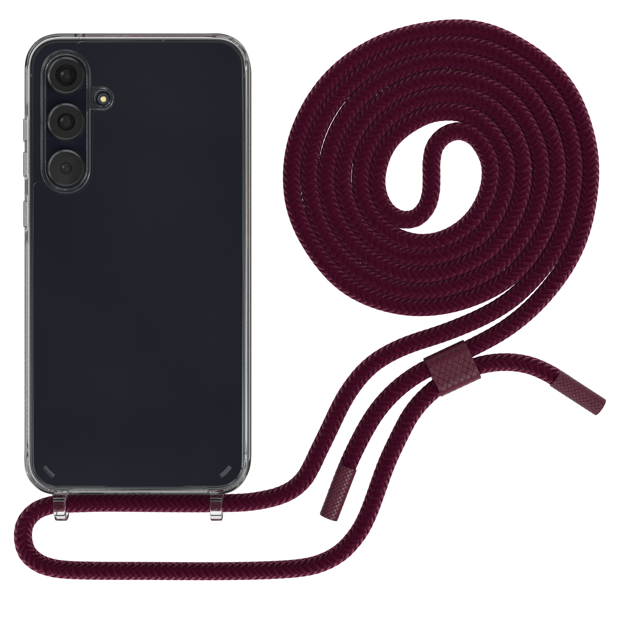 Telefon mit klarer Hülle und einem weinroten geflochtenen Riemen, auf weißem Hintergrund.