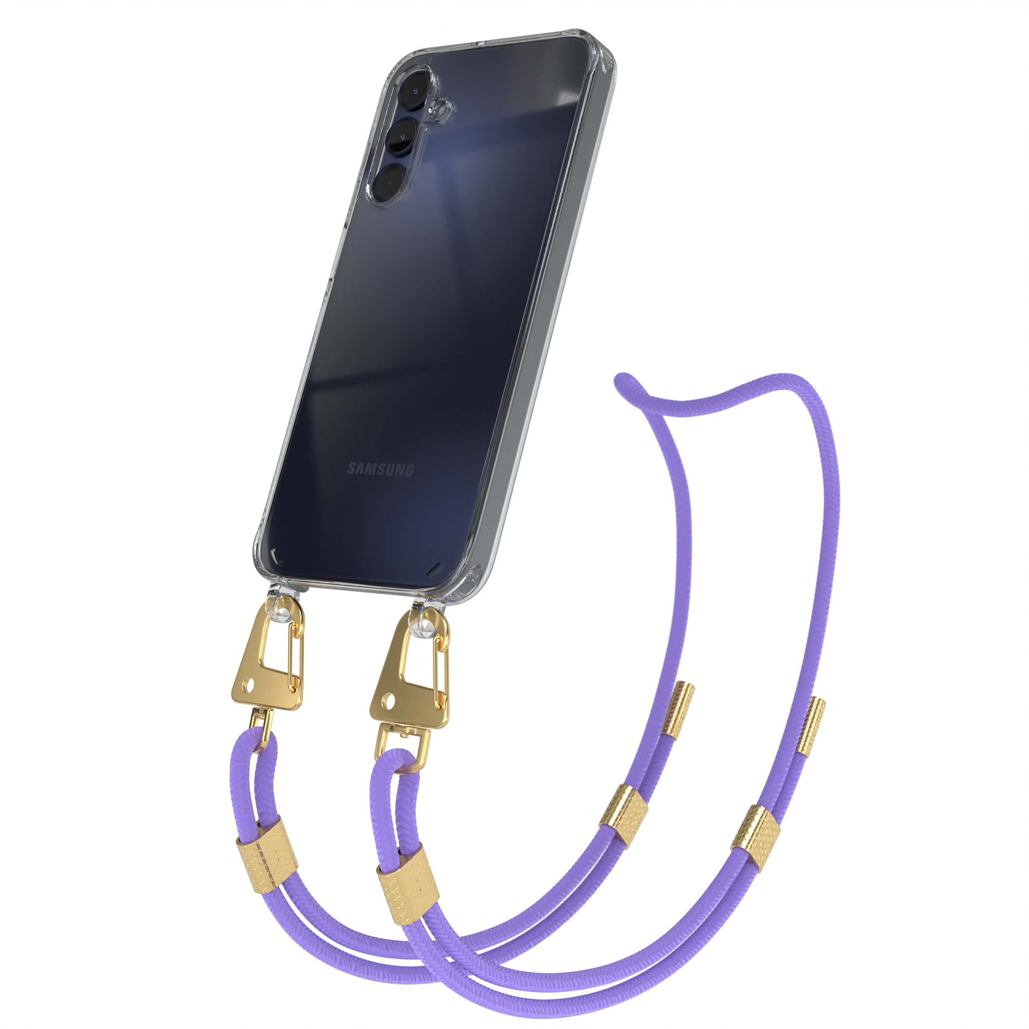 Transparente Handyhülle mit lila Umhängeband. Goldene Hardware. Ein schwarzes Telefon ist in der Hülle.