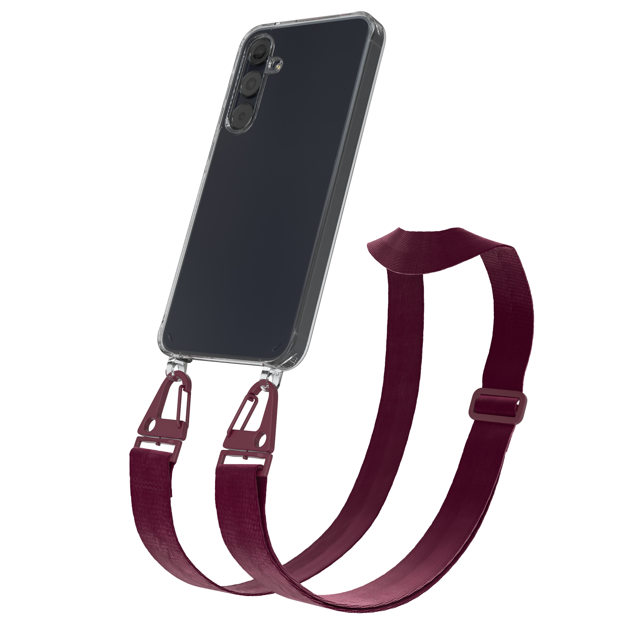 Schwarzes Telefon in einer transparenten Hülle mit einem weinroten Riemen. Der Riemen ist befestigt.